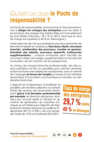 Qu’est-ce que le Pacte de 
responsabilité ? 
Le Pacte de responsabilité, annoncé par le Gouvernement, 
vise à alléger les charges des entreprises pour les aider à 
reconstituer des marges trop faibles (Elles sont actuellement 
les plus faibles d’Europe : 29,7 % en 2013, alors que le taux 
de marge est supérieur à 40 % en Allemagne.). 
Il doit redonner de l’air aux entreprises pour leur permettre de 
réinvestir et repartir en croissance. Nouveaux clients, nouveaux 
marchés, amélioration des processus, montée en gamme, 
formation des salariés, nouveaux apprentis, embauches 
supplémentaires… chaque entreprise peut décider de 
comment utiliser ces marges supplémentaires en fonction de 
sa situation, de son marché, de ses perspectives. 
Au niveau de chaque branche professionnelle, des discus-sions 
paritaires ont lieu en parallèle pour orienter certaines 
actions en faveur des salariés de ces branches, avec la volonté 
de s’engager en faveur de l’emploi au travers d’une véritable 
dynamique d’innovation « économique et sociale » au sein 
desdites branches. 
L’objectif est évidemment d’améliorer en 
parallèle, de manière collective, la compé-titivité 
des secteurs de l’économie notam-ment 
grâce à la formation professionnelle 
par exemple, en direction des jeunes. Ainsi, 
dans leur accord relatif à l’emploi et au 
contrat de génération, les Industries chi-miques 
se sont fixées pour objectif « de faire 
évoluer le nombre de jeunes accueillis au 31 
décembre 2017 à 12 200 », soit une hausse 
de l’ordre de 10 % sur la période 2015-2017. 
Taux de marge 
des entre prises 
29,7 % contre 
40 % en Allemagne 
Pacte de responsabilité… 
… Qu’est-ce que c’est ? Pour quoi faire ? 3 
 