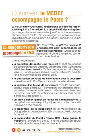 Comment le MEDEF 
accompagne le Pacte ? 
Le MEDEF a toujours soutenu la démarche du Pacte de respon-sabilité 
qui vise à améliorer la compétitivité des entreprises. 
Les marges des entreprises sont aujourd’hui malheureusement 
historiquement faibles. Or, sans marge : on innove moins, on 
investit moins, on prend moins de risques, donc on ne va pas 
chercher la croissance. 
Dès février 2014, le MEDEF a proposé 25 
engagements pour accompagner ce 
Pacte de responsabilité. Sur ces 25 enga-gements, 
19 ont été remplis ou sont en 
cours de réalisation. 
25 engagements pour 
accompagner le Pacte 
◆ la promotion des métiers qui recrutent et sont en manque 
de candidats dans le cadre du parrainage de la Campagne 
télévisée « Beau travail ». Cette campagne est relayée par 
le MEDEF sur les réseaux sociaux, internet, et auprès de diffé-rents 
◆ la publication du Pacte de l’alternance pour la Jeunesse, 
sans attendre la Conférence sociale de juillet dernier. 
◆ la signature d’un Relevé de conclusions avec les partenaires 
sociaux dès le 5 mars 2014, demandant aux branches profes-sionnelles 
d’ouvrir des « discussions… dès lors que la trajectoire 
de baisse des prélèvements sociaux et fiscaux sera définie 
par les pouvoirs publics ». 
◆ un plan d’action global en faveur de l’entrepreneuriat, y 
compris dans la sphère publique (première action concrète 
déployée avec l’armée). 
◆ le lancement de la négociation sur la Modernisation du 
Dialogue Social dès septembre 2014 et la poursuite du dialogue 
économique. 
◆ la présentation du Projet « France 2020 – Faire gagner la 
France » à l’Université d’été 2014, et sa déclinaison opéra-tionnelle 
dans les semaines qui viennent… 
Pacte de responsabilité… 
Citons notamment : 
institutionnels (pôle emploi, etc.). 
… Qu’est-ce que c’est ? Pour quoi faire ? 6 
 