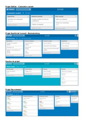 Projet Edition – Calendrier coulant
Projet Qualité de l’accueil - Brainstorming
Gestion de projet
Projet Recrutement
 