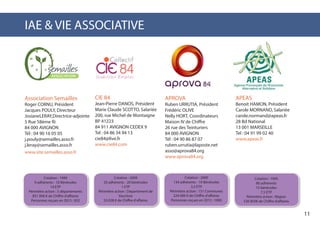 11
Association Semailles
Roger CORNU, Président
Jacques POULY, Directeur
JosianeLERAY,Directrice-adjointe
5 Rue 58ème Ri
84 000 AVIGNON
Tél : 04 90 16 05 05
j.pouly@semailles.asso.fr
j.leray@semailles.asso.fr
www.site.semailles.asso.fr
CIE 84
Jean-Pierre DANOS, Président
Marie Claude SCOTTO, Salariée
200, rue Michel de Montaigne
BP 41223
84 911 AVIGNON CEDEX 9
Tel : 04 86 34 94 13
cie84@live.fr
www.cie84.com
IAE & VIE ASSOCIATIVE
APROVA
Ruben URRUTIA, Président
Frédéric OLIVE
Nelly HORT, Coordinateurs
Maison IV de Chiffre
26 rue des Teinturiers
84 000 AVIGNON
Tél : 04 90 86 87 07
ruben.urrutia@laposte.net
asso@aprova84.org
www.aprova84.org
APEAS
Benoit HAMON, Président
Carole MORNAND, Salariée
carole.normand@apeas.fr
28 Bd National
13 001 MARSEILLE
Tel : 04 91 99 02 40
www.apeas.fr
Création : 2000
134 adhérents - 10 Bénévoles
3,5 ETP
Périmètre action : 151 Communes
224 000 € de Chiffre d’affaires
Personnes reçues en 2013 : 1000
Création : 1999
9 adhérents - 10 Bénévoles
14 ETP
Périmètre action : 5 départements
851 000 € de Chiffre d’affaires
Personnes reçues en 2013 : 932
Création : 2009
20 adhérents - 20 bénévoles
1 ETP
Périmètre action : Departement de
Vaucluse
53 028 € de Chiffre d’affaires
Création : 1995
80 adhérents
15 bénévoles
7,5 ETP
Périmètre action : Région
530 850€ de Chiffre d’affaires
 