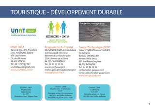 TOURISTIQUE - DÉVELOPPEMENT DURABLE
Ressourcerie du Comtat
MichelGONCALVES,Administrateur
Joël Gouraud, Directeur
Bâtiment B5 - Marché gare
2300 chemin de st Gens
84 200 CARPENTRAS
Tel : 04 90 60 11 26
rescomtat@orange.fr
michel.goncalves.agt@orange.fr
www.ressourcerie.fr
UNAT PACA
Yannick GALLIEN, President
Driss HASSAINE, Salarié
VTF Les Florents
Ch. des Florents
84 410 BÉDOIN
Tél : 06 17 79 77 10
unatdd.paca@gmail.com
www.unat-paca.asso.fr
GaujardTechnologiesSCOP
HubertFEVRE&ThomasCHARLIER,
Co-Gérants
Barbara CHEVALLIER
Immeuble le Sitius
355 Rue Pierre Seghers
84 000 AVIGNON
Tel : 04 90 86 16 96
contact@bet-gaujard.com
barbara.chevalier@bet-gaujard.com
www.bet-gaujard.com
Création : 2009
11 adhérents - 5 bénévoles
7 ETP
Périmètre action : 25 Communes
182 267 € de Chiffre d’affaires
Personnes reçues en 2013 : 7200
Création : 1987
41 adhérents
23 bénévoles
2,8 ETP
Périmètre action : Région Paca
Création : 2009
12 adhérents
9,75 ETP
Périmètre action : en France
792 000 € de Chiffre d’affaires
13
 