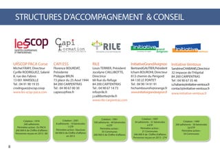 8
RILE
Louis TERRIER, Président
Jocelyne CAILLIBOTTE,
Directrice
68 Rue du Refuge
84 200 CARTENTRAS
Tel : 04 90 67 14 73
info@rile.fr
j.caillibotte@rile.fr
www.rile-carpentras.com
URSCOP PACA Corse
Michel FAMY, Directeur
Cyrille RODRIGUEZ, Salarié
8, rue des Fabres
13 001 MARSEILLE
Tel : 04 91 90 19 35
crodriguez@scop.coop
www.les-scop-paca.com
STRUCTURES D’ACCOMPAGNEMENT & CONSEIL
CAPI ESS
Florence BOURDAT,
Présidente
Philippe BRUN
73 place du 25 Aout 1944
84 200 CARPENTRAS
Tel : 04 90 67 00 30
capiess@free.fr
InitiativeGrandAvignon
BertrandGAUTIER,Président
IchamBOUROHI,Directeur
813 chemin du Périgord
84 130 LE PONTET
Tel : 04 90 14 91 91
hichambourohi@orange.fr
www.initiativegrandavignon.fr
Initiative Ventoux
SandrineCHABANIS,Directrice
32 impasse de l’Hôpital
84 200 CARPENTRAS
Tel : 04 90 67 35 46
s.chabanis@initiative-ventoux.fr
contact@initiative-ventoux.fr
www.initiative-ventoux.fr
Création : 1997
34 adhérents - 51 bénévoles
4 ETP
Périmètre action :
21 Communes
246 000 € de Chiffre d’affaires
Personnes reçues en 2013 : 274
Création : 1974
240 adhérents
Périmètre action : En PACA
200 000 € de Chiffre d’affaires
Personnes reçues en 2013 : 80
Création : 1991
100 adhérents - 40 bénévoles
4 ETP
Périmètre action :
35 Communes
200 000 € de Chiffre d’affaires
Création : 2001
8 adhérents - 10 bénévoles
1 ETP
Périmètre action : Vaucluse
60 000 € de Chiffre d’affaires
en 2013
Création : 1999
200 adhérents - 56 bénévoles
3,6 ETP
Périmètre action :
54 Communes
 