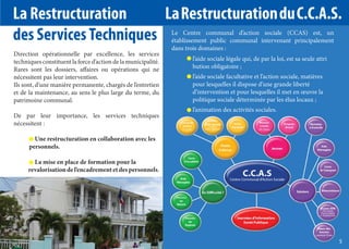 La Restructuration
La Restructuration du C.C.A.S.
des Services Techniques
Direction opérationnelle par excellence, les services
techniques constituent la force d’action de la municipalité.
Rares sont les dossiers, affaires ou opérations qui ne
nécessitent pas leur intervention.
Ils sont, d’une manière permanente, chargés de l’entretien
et de la maintenance, au sens le plus large du terme, du
patrimoine communal.
De par leur importance, les services techniques
nécessitent :

Le Centre communal d’action sociale (CCAS) est, un
établissement public communal intervenant principalement
dans trois domaines :
l’aide sociale légale qui, de par la loi, est sa seule attri
bution obligatoire ;
l’aide sociale facultative et l’action sociale, matières
pour lesquelles il dispose d’une grande liberté
d’intervention et pour lesquelles il met en œuvre la
politique sociale déterminée par les élus locaux ;
l’animation des activités sociales.

Une restructuration en collaboration avec les
personnels.
La mise en place de formation pour la
revalorisation de l’encadrement et des personnels.

5

 