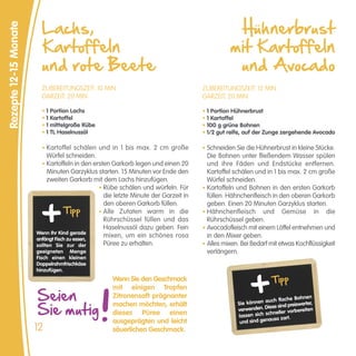 Lachs,                                                                Hühnerbrust
Rezepte 12-15 Monate


                         Kartoffeln                                                           mit Kartoffeln
                         und rote Beete                                                        und Avocado
                         ZUBEREITUNGSZEIT: 10 MIN                                   ZUBEREITUNGSZEIT: 12 MIN
                         GARZEIT: 20 MIN                                            GARZEIT: 20 MIN

                         • 1 Portion Lachs                                          • 1 Portion Hühnerbrust
                         • 1 Kartoffel                                              • 1 Kartoffel
                         • 1 mittelgroße Rübe                                       • 100 g grüne Bohnen
                         • 1 TL Haselnussöl                                         • 1/2 gut reife, auf der Zunge zergehende Avocado

                         • Kartoffel schälen und in 1 bis max. 2 cm große           • Schneiden Sie die Hühnerbrust in kleine Stücke.
                            Würfel schneiden.                                         Die Bohnen unter fließendem Wasser spülen
                         • Kartoffeln in den ersten Garkorb legen und einen 20        und ihre Fäden und Endstücke entfernen.
                            Minuten Garzyklus starten. 15 Minuten vor Ende den        Kartoffel schälen und in 1 bis max. 2 cm große
                            zweiten Garkorb mit dem Lachs hinzufügen.                 Würfel schneiden.
                                               • Rübe schälen und würfeln. Für      • Kartoffeln und Bohnen in den ersten Garkorb
                                                 die letzte Minute der Garzeit in     füllen. Hähnchenfleisch in den oberen Garkorb
                                                 den oberen Garkorb füllen.           geben. Einen 20 Minuten Garzyklus starten.
                                    Tipp       • Alle Zutaten warm in die           • Hähnchenfleisch und Gemüse in die
                                                 Rührschüssel füllen und das          Rührschüssel geben.
                                                 Haselnussöl dazu geben. Fein       • Avocadofleisch mit einem Löffel entnehmen und
                       Wenn Ihr Kind gerade
                       anfängt Fisch zu essen,
                                                 mixen, um ein schönes rosa           in den Mixer geben.
                       sollten Sie zur der       Püree zu erhalten.                 • Alles mixen. Bei Bedarf mit etwas Kochflüssigkeit
                       geeigneten Menge                                               verlängern.
                       Fisch einen kleinen
                       Doppelrahmfrischkäse
                       hinzufügen.
                                                    Wenn Sie den Geschmack                                       Tipp
                       Seien
                                                    mit einigen Tropfen
                                                    Zitronensaft prägnanter                                                Bohnen
                                                                                                             auch flache

                       Sie mutig
                                                    machen möchten, erhält                       Sie können           d preiswerter,
                                                                                                 verwen den. Diese sin       ereiten
                                                    dieses Püree einen                                          hneller vorb
                                                                                                 lassen sich sc
                                                    ausgeprägten und leicht                       und sind genauso zart.
                       12                           säuerlichen Geschmack.
 