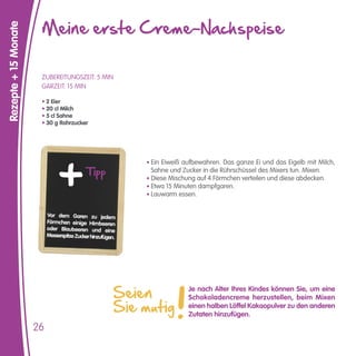 Meine erste Creme-Nachspeise
Rezepte + 15 Monate




                       ZUBEREITUNGSZEIT: 5 MIN
                       GARZEIT: 15 MIN

                       • 2 Eier
                       • 20 cl Milch
                       • 5 cl Sahne
                       • 30 g Rohrzucker




                                                             • Ein Eiweiß aufbewahren. Das ganze Ei und das Eigelb mit Milch,
                                            Tipp              Sahne und Zucker in die Rührschüssel des Mixers tun. Mixen.
                                                             • Diese Mischung auf 4 Förmchen verteilen und diese abdecken.
                                                             • Etwa 15 Minuten dampfgaren.
                                                             • Lauwarm essen.


                           Vor dem Garen zu jedem
                           Förmchen einige Himbeeren
                           oder Blaubeeren und eine
                           Messerspitze Zucker hinzufügen.




                                                        Seien              Je nach Alter Ihres Kindes können Sie, um eine

                                                        Sie mutig
                                                                           Schokoladencreme herzustellen, beim Mixen
                                                                           einen halben Löffel Kakaopulver zu den anderen
                                                                           Zutaten hinzufügen.

                      26
 