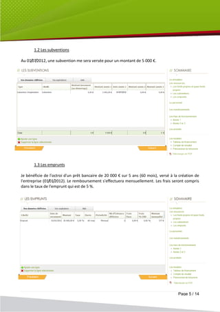 1.2 Les subventions

Au 01/07/2012, une subvention me sera versée pour un montant de 5 000 €.




       1.3 Les emprunts

Je bénéficie de l'octroi d'un prêt bancaire de 20 000 € sur 5 ans (60 mois), versé à la création de
l'entreprise (01/01/2012). Le remboursement s'effectuera mensuellement. Les frais seront compris
dans le taux de l'emprunt qui est de 5 %.




                                                                                       Page 5 / 14
 