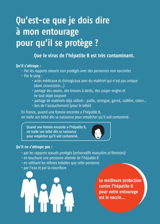 Qu’est-ce que je dois dire
à mon entourage
pour qu’il se protège ?
Que le virus de l’hépatite B est très contaminant.
Qu’il s’attrape :
- Par les rapports sexuels non protégés avec des personnes non vaccinées
- Par le sang :
• actes médicaux et chirurgicaux avec du matériel qui n’est pas unique
(dont circoncision…)
• partage des rasoirs, des brosses à dents, des coupe-ongles et
de tout objet coupant
• partage de matériels déjà utilisés : paille, seringue, garrot, cuillère, coton…
• lors de l’accouchement (pour le bébé)
En France, quand une femme enceinte a l’hépatite B,
on traite son bébé dès sa naissance pour empêcher qu’il soit contaminé.
Qu’il ne s’attrape pas :
• par les rapports sexuels protégés (préservatifs masculins et féminins)
• en touchant une personne atteinte de l’hépatite B
• en utilisant les mêmes toilettes que cette personne
• par l’eau et par la nourriture
La meilleure protection
contre l’hépatite B
pour votre entourage
est le vaccin…
Quand une femme enceinte a l’hépatite B,
on traite son bébé dès sa naissance
pour empêcher qu’il soit contaminé.
 