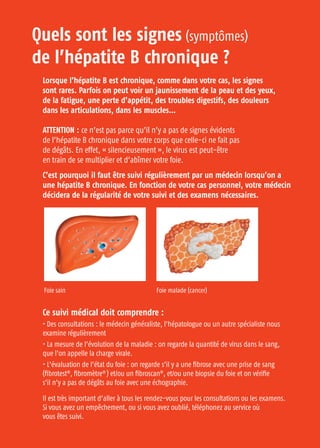 Quels sont les signes (symptômes)
de l’hépatite B chronique ?
Lorsque l’hépatite B est chronique, comme dans votre cas, les signes
sont rares. Parfois on peut voir un jaunissement de la peau et des yeux,
de la fatigue, une perte d’appétit, des troubles digestifs, des douleurs
dans les articulations, dans les muscles…
ATTENTION : ce n’est pas parce qu’il n’y a pas de signes évidents
de l’hépatite B chronique dans votre corps que celle-ci ne fait pas
de dégâts. En effet, « silencieusement », le virus est peut-être
en train de se multiplier et d’abîmer votre foie.
C’est pourquoi il faut être suivi régulièrement par un médecin lorsqu’on a
une hépatite B chronique. En fonction de votre cas personnel, votre médecin
décidera de la régularité de votre suivi et des examens nécessaires.
Ce suivi médical doit comprendre :
• Des consultations : le médecin généraliste, l’hépatologue ou un autre spécialiste nous
examine régulièrement
• La mesure de l’évolution de la maladie : on regarde la quantité de virus dans le sang,
que l’on appelle la charge virale.
• L’évaluation de l’état du foie : on regarde s’il y a une fibrose avec une prise de sang
(fibrotest®
, fibromètre®
) et/ou un fibroscan®
, et/ou une biopsie du foie et on vérifie
s’il n’y a pas de dégâts au foie avec une échographie.
Il est très important d’aller à tous les rendez-vous pour les consultations ou les examens.
Si vous avez un empêchement, ou si vous avez oublié, téléphonez au service où
vous êtes suivi.
Foie sain Foie malade (cancer)
 