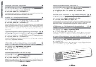 1514
Pathologies intestinales et digestives
Date / Horaire du cours : lundi 4 novembre 2013/14h-16h
Lieu : UP2 / Tarifs : adhérents : 16 € / non adhérents : 22 €
Préserver ou rétablir un bon état intestinal est la condition première pour retrouver un bon état de santé. Conseils
simples pour guérir d’une colopathie fonctionnelle et du syndrome du colon irritable.
Barbara CHARPAGNE, Naturopathe-Réflexologue
(diplômée de la Faculté Libre de Médecine Naturelle et d’Ethnomédecine de Paris) M07
N Initiation pratique au Shiatsu et au Do-in (2)
Date / Horaire du cours : vendredi 8 novembre 2013/17h30-19h30
Lieu : UP3 (salle Jacques Cœur) / Tarifs : adhérents : 15 € / non adhérents : 20 €
Voir cours M03A p. 5
Nicolas HADENGUE, praticien de shiatsu certifié par l’école « Iokai Shiatsu Europe » M03B
Les bases de la photographie numérique
Date / Horaire du module (2cours) : lundis/18h-19h30 ; 4 et 18 novembre 2013
Lieu : UP3 / Tarifs : adhérents : 24 € / non adhérents : 32 €
Ce cours vous apportera des éléments nécessaires solides pour choisir ou pour mieux maîtriser un appareil photo
numérique afin d’améliorer sa pratique de la prise de vue. Seront abordés les types et fonctions des éléments constituant
un appareil photo numérique. Vous seront compréhensibles les termes techniques utilisés en photographie et leur
incidence sur la prise de vue sera expliquée sur des exemples.Vous pourrez apporter votre appareil pour une approche
plus personnalisée.
Jacques THOMAS S04
N
Initiation à la psychosomatique clinique humaniste (2)
Date / Horaire du cours : jeudi 7 novembre 2013/19h30-21h
Lieu : UP2 / Tarifs : adhérents : 14 € / non adhérents : 18 €
Voir cours H11A p. 8
Claude SAINT-MARTIN, Praticien en Kinésiologie et Psychosomatique Clinique Humaniste H11B
N
Éléments de typographie et de mise en page
Date / Horaire du cours : jeudi 7 novembre 2013/18h-21h
Lieu : UP1 / Tarifs : adhérents : 24 € / non adhérents : 32 €
Typographie et mise en page répondent à des règles séculaires. Ce cours se propose de vous en faire découvrir les bases.
Ainsi, vos documents seront bien présentés, agréables à lire, et respecteront les règles françaises de typographie et de
composition, quel que soit le logiciel utilisé. Limité à 10 auditeurs.
Frédéric OLIVIER, Ingénieur ENSSAT S02
N
Novembre2013
L’approche biographique dans l’apprentissage d’une langue
Date / Horaire du module (2 cours) : mercredis/19h-20h : 6 novembre 2013, puis hebdomadaire
Lieu : UP1 / Tarifs : adhérents : 12 € / non adhérents : 15 €
Le « déjà là » de chaque apprenant en français doit être perçu comme un levier dans l’apprentissage : un exemple avec
un public d’enfants. Limité à 20 auditeurs.
Isabelle LEGRAS, diplômée en Sociolinguistique et Didactique des Langues, professeur de FLE T21
T N
Des écrits indiens très anciens : le Yoga-Sutra de Patañjali (1)
Date / Horaire du cours : vendredi 8 novembre 2013/15h-16h30
Lieu : UP1 / Tarifs : adhérents : 9,50 € / non adhérents : 12 €
Parmi les textes sacrés de l’Inde, le Yoga-Sutra de Patañjali, l’un des six systèmes philosophiques classiques de la pensée
indienne, est reconnu comme le traité normatif du yoga. Son étude apporte la richesse d’un ouvrage vieux de vingt siè-
cles mais toujours d’actualité. Présentation de cet ouvrage, accessible à tous, pratiquants de yoga ou non.
Annie ROUX, professeur de yoga T12A
T N
La bibliothèque ou « l’Arrière-pays » de Jacqueline Lerat
Date / Horaire du cours : vendredi 8 novembre 2013/18-19h
Lieu : UP1 / Tarifs : adhérents : 8 € / non adhérents : 12 €
Jacqueline Lerat, céramiste de renommée internationale, installée à La Borne puis à Bourges, a marqué son art, ses
étudiants de l’Ecole des Beaux-arts et la ville. L’étude de sa bibliothèque permet-elle de mieux la comprendre ?
Elisabeth DOUSSET, Conservateur honoraire des bibliothèques T27
Les enjeux environnementaux et notre santé physique et mentale … (II)
Date / Horaire du cours : mardi 12 novembre 2013/18h-19h30
Lieu : voir module 1 p.10
Séquence II du cycle de conférences présenté p. 10 : Les défis climatiques, écologiques, énergétiques et les premières
réponses de notre société. Autres séquences p. 10, 20, 22, 28, 34, 36
Esther MARTINEZ (voir p. 10) E02
N
-
-
T N
L’UP BERRY, à déguster personnellement…
ou à offrir, tout au long de l’année !
Un BON CADEAU de la part de .......................................
vous attend à l’UP BERRY !
 