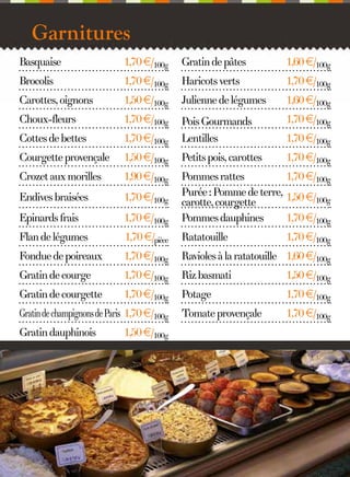Garnitures
Basquaise

1,70 €/100g

Gratin de pâtes

1,60 €/100g

Brocolis

1,70 €/100g

Haricots verts

1,70 €/100g

Carottes, oignons

1,50 €/100g

Julienne de légumes

1,60 €/100g

Choux-fleurs

1,70 €/100g

Pois Gourmands

1,70 €/100g

Cottes de bettes

1,70 €/100g

Lentilles

1,70 €/100g

Courgette provençale

1,50 €/100g

Petits pois, carottes

1,70 €/100g

Crozet aux morilles

1,90 €/100g

Endives braisées

1,70 €/100g

Epinards frais

1,70 €/100g

Pommes rattes
1,70 €/100g
Purée : Pomme de terre, 1,50 €/
100g
carotte, courgette
Pommes dauphines
1,70 €/100g

Flan de légumes

1,70 €/pièce

Ratatouille

Fondue de poireaux

1,70 €/100g

Ravioles à la ratatouille 1,60 €/100g

Gratin de courge

1,70 €/100g

Riz basmati

1,50 €/100g

Gratin de courgette

1,70 €/100g

Potage

1,70 €/100g

Tomate provençale

1,70 €/100g

Gratin de champignons de Paris 1,70 €/100g
Gratin dauphinois

1,50 €/100g

8

1,70 €/100g

 