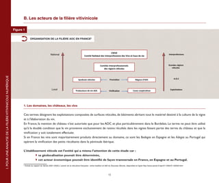 B. Les acteurs de la filière vitivinicole6

                                                           Figure 1

                                                                            ORGANISATION DE LA FILIÈRE AOC EN FRANCE6




                                                                                                                                                                      CNIVE
                                                                                                    National                                                                                                                                    Interprofessions
                                                                                                                                            Comité National des Interprofessions des Vins et Eaux de vie



                                                                                                                                                               Comités Interprofessionnels                                                      Grandes régions
                                                                                                                                                                  des régions viticoles                                                            viticoles
1. POUR UNE ANALYSE DE LA FILIÈRE VITIVINICOLE NUMÉRIQUE




                                                                                                                                     Syndicats viticoles                  Promotion                      Négoce d’AOC                                 A.O.C

                                                                                                                                                                           Comités interprofessionnels


                                                                                                     Local                                                                                                                                        Exploitations
                                                                                                                                  Producteurs de vin AOC                 Viniﬁcation                  Caves coopératives
                                                                                                                                                                           Comités interprofessionnelsComités interprofessionnels




                                                                  1. Les domaines, les châteaux, les clos


                                                                  Ces termes désignent les exploitations composées de surfaces viticoles, de bâtiments abritant tout le matériel destiné à la culture de la vigne
                                                                  et à l'élaboration du vin.
                                                                  En France, la mention de château n'est autorisée que pour les AOC et plus particulièrement dans le Bordelais. Le terme ne peut être utilisé
                                                                  qu'à la double condition que le vin provienne exclusivement de raisins récoltés dans les vignes faisant partie des terres du château et que la
                                                                  vinification y soit totalement effectuée.
                                                                  Si en France les vins sont majoritairement produits directement au domaine, ce sont les Bodegas en Espagne et les Adegas au Portugal qui
                                                                  opèrent la vinification des petits récoltants dans la péninsule ibérique.

                                                                  L’établissement viticole est l’entité qui a retenu l’attention de cette étude car :
                                                                  	        	 sa géolocalisation pouvait être déterminée,
                                                                  	        	 cet acteur économique pouvait être identifié de façon transversale en France, en Espagne et au Portugal.
                                                                  6
                                                                      Extrait du rapport du Sénat (2001-2002) L'avenir de la viticulture française : entre tradition et défi du Nouveau Monde, disponible en ligne http://www.senat.fr/rap/r01-349/r01-34948.html



                                                                                                                                                                        12
 