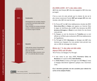 De 2006 à 2010 : 45 % des sites créés	
                                                                                                                                                      (46 % des sites français, 40 % des sites espagnols et 52 % des sites
                                                                                                                                                      portugais)

                                                                                                                                                      C’est au cours de cette période que la création de site est la
                                                                               2006              Condensation
                                                                                                  Condensation                                        plus intense notamment l’année 2007 qui compte 459 sites web
                                                                                                                                                      viticoles créés (18 % du total de sites).
                                                                                                  Développement de nouvelles créations
                                                                                                  à proximité de territoires déjà touchés
                                                                                                 Développement de nouvelles créations                  	 En France, 61 % et 66 % des établissements viticoles des AOC
                                                                                                 àpar l’innovation.territoires déjà touchés par l’innovation.
                                                                                                   proximité de
                                                                                                 Cette conquêtede nouveaux territoires
                                                                                                  Cette conquête de nouveaux territoires comble un déficitEntre-deux-Mers et Anjou sont apparus sur Internet. Dans
                                                                                                  comble un déficit sein de certaines régions viticoles. la région du Sud-Ouest, plus de 60 % des domaines des AOC
                                                                                                 de présence au      de présence au sein
                                                                                                  de certaines régions viticoles.
                                                                                                                                                        Jurançon, Armagnac et Buzet se sont dotés d’un site durant
II. DÉPLOIEMENT TERRITORIAL DES DOMAINES VITICOLES SUR LE WEB




                                                                                                                                                         cette période.
                                                                                                                                                      	 En Espagne, ce sont les domaines du Txakolina qui se sont
                                                                                                                                                         affichés sur le Web le plus tardivement (75 % des établissements
                                                                                                                                                         de l’appellation).
                                                                                                                                                      	 Au Portugal, le DOC Alentejano se distingue avec 68 % des
                                                                                                                                                         domaines qui s’équipent d’un site pendant cette période mais
                                                                               2010              Saturation
                                                                                                  Saturation                                             avec un effet de rattrapage très intense.

                                                                                                 Cette périodemarque l’essoufflement
                                                                                                  Cette période marque l’essoufflement dans
                                                                                                                                                  Moins de 1 % des sites ont été créés
                                                                                                  dans la dynamique de création des
                                                                                                 la dynamique de création des sites web viticoles.
                                                                                                 Cette web viticoles.
                                                                                                  sites dernière étape concentre moins de 1 %     depuis 2010, soit 28 sites
                                                                                                 du total des sites deconcentre moins
                                                                                                  Cette dernière étape la base.                   18 en France, 2 en Espagne, 9 au Portugal :
                                                                                                  de 1 % du total des sites de la base.

                                                                                                 Sources :     Annuaires des AOC, DO, DOC 2011        	 4 sites voient le jour dans l’AOC Premières Côtes de
                                                                                                               Base de données RAUDIN 2011
                                                                                                                                                         Bordeaux et 3 autres en AOC Saint-Emilion.
                                                                                                               Atlas Numérique, RAUDIN
                                                                                                                                                      	 Le Vinho Verde (3 sites) au Portugal et la DO Rioja (2 sites)
                                                                                                                                                         en Espagne dénombrent également quelques sites récemment
                                                                                                                                                         créés.

                                                                                                                                                      Ces 2 dernières périodes ont été cumulées pour obtenir les
                                                                                                                                                      cartes et les analyses finales.
                                                                                Atlas numérique, RAUDIN

                                                                Sources : Annuaires des AOC, DO, DOC 2011 - Base de données RAUDIN 2011



                                                                                                                                                 26
 