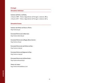 Portugal

          Annuaires nationaux


          Instituto da Vinha e do Vinho,
          « Anuário 2009 : Vinhos e Aguardentes de Portugal », Lisbonne, 382 p.
          « Anuário 2011 : Vinhos e Aguardentes de Portugal », Lisbonne, 267 p.


          Annuaires locaux


          Instituto dos Vinhos do Douro e Porto :
          http://www.ivp.pt/


          Comissão Vitivinícola da Bairrada :
          http://www.cvbairrada.pt/


          Comissão Vitivinícola da Regiao Beira Interior :
          http://www.cvrbi.pt/


          Comissão Vitivinícola dos Vinhos do Dao :
          http://www.cvrdao.pt/


          Comissão Vitivinícola Regional do Tejo :
          http://www.cvrtejo.pt/


          Comissão Vitivinícola da Vinho Verde :
          http://www.vinhoverde.pt/


          Vinhos de Lisboa :
          http://www.vinhosdelisboa.com/
ANNEXES




                                                                                  52
 
