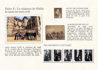 Visite 5 : Le château de Vizille
Le lundi 1er avril 2019
LE DUC DE LESDIGUIERE
François de Bonne (1543-1626),
duc de Lesdiguières, y construit
sa demeure au début du XXVIIe
siècle et crée un parc à la
française.
DES PRESIDENTS Y ONT DORMI
Nous avons visité le chateau de Vizille
et le musée de la révolution française.
François De Bonne, Duc de Lesdiguières
y a construit sa sa résidence. C’est la
que s’est déroulé l’assemblée de Vizille.
ASSEMBLEE DE VIZILLE
Assemblée de Vizille, s’est
déroulée le 21 juillet 1788 dans la
salle du jeu de paume du Château
de Vizille sur l’invitation de son
propriétaire, l’industriel Claude
Perier. Cette assemblée réunie
six mois avant la convocation des
États généraux de 1789 est le
prélude à la Révolution française.
 