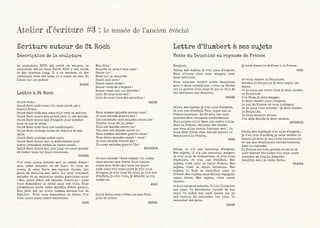 Atelier d’écriture #3 : le musée de l’ancien évéché
Ecriture autour de St Roch
La sculpture ROCH est petit et maigre, la
sculpture est en bois. Saint ROCH a une borde
et des cheveux long. Il a un manteau et des
pantalons avec des bots, il a aussi un sac. Un
bubon sur les jambes
MARWA
Lettre d’Humbert à ses sujets
Déscription de la sculpture Vente du Dauphiné au royaume de France
Bonjour,
Hélas, mes sujets, je n’ai plus d’argent.
Nous n’avons rien pour manger, pour
nous habiller.
Nous voulons vendre notre dauphine,
mais a deux conditions : vous ne faites
pas la guerre avec nous et que le fils de
roi devienne une dauphin.
MARWA
Hélas, il n’y pas beaucoup d’argent.
Mes sujets, il n’y pas beaucoup manger.
Je n’ai plus de ressources. Je n’ai plus
d’options. Je n’ai pas d’enfant. Mes
sujets, c’est pour la belle France. Mes
sujets, c’est la seule solution. Mes
sujets, il faut se sacrifier pour la
France. Mes sujets, nous devons regagner
notre force. Mes sujets, c’est notre
chance.
Je suis calme et artiste. Tu lis l’histoire
ton pays. Tu maintiens l’unité de ton
pays. Tu aides ton pays quand ils en
ont besoin. Tu respecter les lois. Tu
respecter des gens.
KARIM
je vous donne la dofines à la France
ANAS
Saint Roch, vous n’êtes pas mon Dieu
pour te prier.
MARWA
Mon dieu !
Apporte la paix à mon pays !
Sauve-le !
Rend lui la sécurité
Saure mon père !
Saure notre santé !
Donne-nous de l’argent !
Donne-nous une vie décente !
Loin de nous tous mal !
Loin de nous loin des maladies !
KARIM
Je suis malade ! Nous sommes ici aidez
nous sauver mon frère. Vous voulez
aidez moi. Aide-moi tous les jours
aide nous s‘il vous plait je n’ai plus
d’argent je n’ai plus de pain, je n’ai nos
d’enfant, je n’ai rien, je deteste la vie
comme ça.
ANAS
Nous sommes malades sauvez nous !
Je suis malade guéris moi !
Les habitants sont malades sauve les !
Sauvez-nous dû la peste !
Elle est malade sauve-le !
Ton père est malade sauve le !
Nous sommes malades guéris nous !
Vous étiez malades sauve – vous !
Je suis malade sauvez moi !
Ils sont malades guérir ils !
ZACHARIA
Je veux vendre le Dauphiné.
Achetez le Dauphiné je dois payer les
taxes.
Je ne peux pas vivre bien je dois vendre
le Dauphiné.
J’ai faim, je dois manger.
Je dois vendre pour l’argent.
Le roi du France va vous protéger.
Je ne peux rien acheter ! je dois vendre
le Dauphiné.
Je veux devenir moine.
J’ai déjà décidé je dois vendre.
ZACHARIA
Saint roch :
Saint Roch aide nous s’il vous plait ,on a
besoin d’eau.
Saint Roch aide mon amie elle veut se marier.
Saint Roch sauve mon grand pére il est malade.
Saint Roch donne moi d’argent pour acheter
tout ce que je veux.
Saint Roch aide tous les handicapés.
Saint Roch protége toute ma famille et mes
amis.
Saint Roch protége notre pays.
Saint Roch donne moi le médicament pour
notre président restée en bonne santé.
Saint Roch donne moi une long vie sans malade
et rester tous les jours heureuse.
CHAIMA
Hélas, mes sujets,je n’ai plus d’argent ,
je n’ai plus d’enfant, je veux vendre le
dauphiné mais je suis très heureux par
ce que mes dauphinois seront heureux
dans le royaume.
La France est très grande et belle et
pour donner des aides s’il vous plait
acceptez ma simple demande.
Sensible mais je reste forte.
CHAIMAS’il vous plait, donnez-moi la santé. Aidez-
moi, cette maladie va me tuer. Si vous me
savez, je vais faire des bonnes choses. Les
gens, ma famille, mes amis. Ils sont vraiment
malades et en mauvaise santé, guérissez-nous
! Mon petit frère est malade. Sauve-le  ! nous
vous demandons la santé pour nos vies. Nous
promettons après cette maladie d’être gentil.
Mon père est un vieil homme, donnez-lui sa
famille. Nous vous demandons le futur. S’il
vous plait soyez notre espérance.
SANA
Hélas, mes sujets, je n’ai plus d’argent.
Je n’ai pas d’enfant. Vous voyez que la
France heureux ! Après moi, vos vies
peuvent être vraiment confortables.
Vous pouvez aller dans une autre ville,
dans la France. Utilisez des choses
que vous allez avoir. Excusez-moi ! Je
veux être libre. J4ai décidé donner le
Dauphiné à la France.
SANA
Lettre à St Roch
 