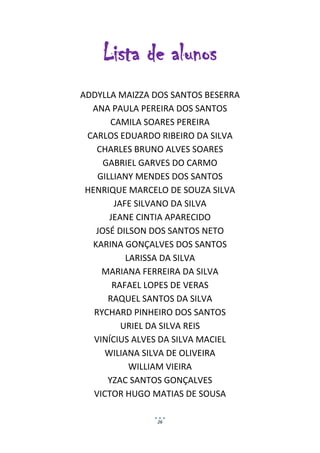 Lista de alunos
ADDYLLA MAIZZA DOS SANTOS BESERRA
  ANA PAULA PEREIRA DOS SANTOS
       CAMILA SOARES PEREIRA
 CARLOS EDUARDO RIBEIRO DA SILVA
    CHARLES BRUNO ALVES SOARES
     GABRIEL GARVES DO CARMO
    GILLIANY MENDES DOS SANTOS
 HENRIQUE MARCELO DE SOUZA SILVA
        JAFE SILVANO DA SILVA
       JEANE CINTIA APARECIDO
   JOSÉ DILSON DOS SANTOS NETO
  KARINA GONÇALVES DOS SANTOS
           LARISSA DA SILVA
     MARIANA FERREIRA DA SILVA
        RAFAEL LOPES DE VERAS
      RAQUEL SANTOS DA SILVA
   RYCHARD PINHEIRO DOS SANTOS
          URIEL DA SILVA REIS
   VINÍCIUS ALVES DA SILVA MACIEL
      WILIANA SILVA DE OLIVEIRA
            WILLIAM VIEIRA
      YZAC SANTOS GONÇALVES
   VICTOR HUGO MATIAS DE SOUSA

               26
 