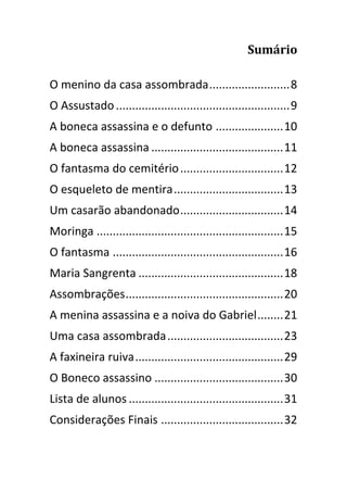 Sumário

O menino da casa assombrada ......................... 8
O Assustado ...................................................... 9
A boneca assassina e o defunto ..................... 10
A boneca assassina ......................................... 11
O fantasma do cemitério ................................ 12
O esqueleto de mentira .................................. 13
Um casarão abandonado ................................ 14
Moringa .......................................................... 15
O fantasma ..................................................... 16
Maria Sangrenta ............................................. 18
Assombrações ................................................. 20
A menina assassina e a noiva do Gabriel ........ 21
Uma casa assombrada .................................... 23
A faxineira ruiva .............................................. 29
O Boneco assassino ........................................ 30
Lista de alunos ................................................ 31
Considerações Finais ...................................... 32

                                  7
 