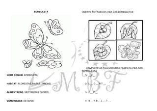 BORBOLETA
NOME COMUM: BORBOLETA
HÁBITAT: FLORESTAS, MATAS, JARDINS
ALIMENTAÇÃO: NÉCTAR DAS FLORES
COMO NASCE: DE OVOS
OSERVE AS FASES DA VIDA DAS BORBOLETAS:
COMPLETE AS PALAVRAS DAS FASES DA VIDA DAS
BORBOLETAS:
1- __V__
2- L __ G __ R T __
3- P__ P __
4- B __ R B __ L __ T __
 