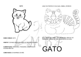 GATO
NOME COMUM: GATO
HÁBITAT: OS MAIS DIVERSOS LARES AO REDOR DO MUNDO
ALIMENTAÇÃO: ROEDORES, PÁSSAROS, LAGARTIXAS E
ALGUNS INSETOS
COMO NASCE: DA BARRIGA DA MÃE
LIGUE OS PONTOS E VEJA QUAL ANIMAL APARECE:
LEIA O NOME DO ANIMAL QUE APARECEU. CIRCULE AS
VOGAIS DE VERMELHO E AS CONSOANTES DE AZUL:
GATO
 