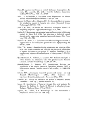 Melo, I.S. Agentes microbianos de controle de fungos fitopatogênicos. In:
  Melo, I.S.; Azevedo, J.L. (Eds.) Controle biológico. Jaguariúna:
  EMBRAPA-CNPMA, 1998. v.1, p.17-67.
Melo, I.S. Trichoderma e Gliocladium como bioprotetores de plantas.
  Revisão Anual de Patologia de Plantas 4: 261-295, 1996.
Musson, G.; Mainroy, J.A.; Kloepper, J.W. Development of delivery sistems
  for introducing endophytic bacteria into cotton. Biocontrol Science
  Technology 5: 407-416, 1995.
Nehl, D.B.; Allen, S.J.; Brown, J.F. Deleterious rhizosphere bacteria: an
  integrating perspective. Applied Soil Ecology 5: 1-20, 1996.
Paulitz, T.C. Biochemical and ecological aspects of competition in biological
   control. In: Baker, R.R. (Ed.). New directions in biological control:
   alternatives for suppressing agricultural pests and diseases. New York:
   Liss, 1990. p.713-724.
Pierson, E.A.; Weller, D.M. Use of mixtures of fluorescent pseudomonads to
   suppress take-all and improve the growth of wheat. Phytopathology 84:
   940-947, 1994.
Pillay, V.K.; Nowak, J. Inoculum density, temperature, and genotype effects
    on in vitro growth promotion and epiphytic and endophytic colonization
    of tomato (Lycopersicon esculentem L.) seedlings inoculated with a
    pseudomonad bacterium. Canadian Journal of Microbiology 43: 354-361,
    1997.
Quadt-Hallmann, A.; Hallmann, J.; Kloepper, J.W. Bacterial endophytes in
  coton: location and interaction with other plant-associated bacteria.
  Canadian Journal of Microbiology 43: 254-259, 1997.
Quadt-Hallmann, A.; Kloepper, J.W. Immunological detection and
  localization of the cotton endophyte Enterocater asburiae JM22 in
  different plant species. Canadian Journal of Microbiology 42: 1144-1154,
  1996.
Roberts, M.A. Actinomycete biocontrol question and answer. [ on line].
  Research Microbiologist - USDA, 2000. Disponível em:
  http://www.default.htmldefaut.html>. Acesso em: 09 jun 2000.
Romeiro, R.S. Indução de resistência em plantas a patógenos. Viçosa:
  Editora UFV. 1999. 45p. (Cadernos Didáticos, 56).
Sasser, M. Identification of bacterial through fatty acid analysis. In:
   Klement, Z.; Rudolph, K.; Sands, D. Methods in phytobacteriology.
   Budapest: Akademiai Kiado, 1990. p.199-204.
Siqueira, J.O.; Franco, A.A. Biotecnologia do solo: fundamentos e
   perspectivas. Brasília: ABEAS, 1988. 236p.


                                                                          99
 