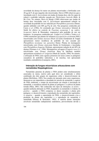 severidade da doença foi maior em plantas micorrizadas e fertilizadas com
20 µg de P, do que naquelas não micorrizadas. Davis (1980) observou que a
inoculação com G. fasciculatum em mudas de laranja doce, não foi capaz de
reduzir a podridão radicular causada por Thielaviopsis basicola (Berk. &
Br.) Ferr. No entanto, Davis & Menge (1980) observaram que mudas de
laranja doce inoculadas com G. fasciculatum apresentaram redução na
severidade da podridão de raiz induzida por Phytophthora parasitica Dastur,
quando adubadas com 600 µg P/g de solo. Nas pesquisas conduzidas por
Caron et al. (1986), foi constatado que Glomus intraradices Schenck &
Smith foi efetivo no controle de Fusarium oxysporum f. sp. radicis-
lycopersici Jarvis & Shoemaker, responsável pela podridão de raiz em
tomateiro. As pesquisas conduzidas por Cordier et al. (1996) e Trotta et al.
(1996) mostraram que plantas de tomateiro (Lycopersicon esculentum Mill.)
micorrizadas com Glomus mosseae (Nicol. & Gerd.) Gerdemann & Trappe
apresentaram menor incidência da podridão de raiz causada por
Phytophthora nicotianae var. parasitica Dastur. Plantas de morangueiro
micorrizadas com Glomus etunicatum Becker & Gerdemann e inoculadas
com Phytophthora fragariae Hickman, apresentaram redução de até 60% da
doença (Norman et al., 1996). Morangueiros selvagens (Fragaria vesca L.)
micorrizados com Glomus fistulosum Skou & Jakobsen também
apresentaram resistência a P. fragariae (Mark & Cassells, 1996). No entanto,
a utilização de FMA como agentes protetores de raízes contra os patógenos
causadores de podridões radiculares e de murchas, tem apresentado
resultados contraditórios (Laranjeira, 2001).


   Interação de fungos micorrízicos arbusculares com
   nematóides fitopatogênicos
    Nematóides parasitas de plantas e FMA podem estar simultaneamente
associados às raízes, motivo pelo qual deve ser considerado o efeito
combinado dos dois grupos de organismos sobre o desenvolvimento da
planta (McGlohon, 1982). Nos estudos de interação entre estes organismos,
destacam-se em importância a densidade de inóculo do nematóide, a espécie
do FMA simbionte, o tempo da micorrização em relação à inoculação do
nematóide, a resistência natural da planta ao patógeno e a cultivar da planta
testada (Maia, 2001). São conhecidas três tipos de interações: a) neutra –
quando nenhuma alteração no FMA, hospedeiro ou nematóide é evidente; b)
positiva – quando o FMA compensa os danos causados à planta pelo
patógeno e o desenvolvimento e reprodução dos nematóides são suprimidos;
c) negativa – quando a esporulação do FMA, o desenvolvimento e/ou a
produção da planta são suprimidos e a reprodução do nematóide é
aumentada (Hussey & Roncadori, 1982). A maioria destas interações
envolvem nematóides endoparasitas sedentários, provavelmente devido a

104
 