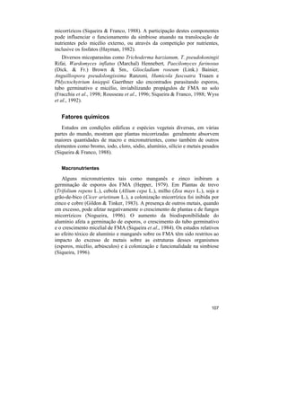 micorrízicos (Siqueira & Franco, 1988). A participação destes componentes
pode influenciar o funcionamento da simbiose atuando na translocação de
nutrientes pelo micélio externo, ou através da competição por nutrientes,
inclusive os fosfatos (Hayman, 1982).
    Diversos micoparasitas como Trichoderma harzianum, T. pseudokoningii
Rifai, Wardomyces inflatus (Marchal) Hennebert, Paecilomyces farinosus
(Dick. & Fr.) Brown & Sm., Gliocladium roseum (Link.) Bainier,
Anguillospora pseudolongissima Ranzoni, Humicola fuscoatra Traaen e
Phlyctochytrium knieppii Gaerthner são encontrados parasitando esporos,
tubo germinativo e micélio, inviabilizando propágulos de FMA no solo
(Fracchia et al., 1998; Rousseau et al., 1996; Siqueira & Franco, 1988; Wyss
et al., 1992).


   Fatores químicos
   Estudos em condições edáficas e espécies vegetais diversas, em várias
partes do mundo, mostram que plantas micorrizadas geralmente absorvem
maiores quantidades de macro e micronutrientes, como também de outros
elementos como bromo, iodo, cloro, sódio, alumínio, silício e metais pesados
(Siqueira & Franco, 1988).

   Macronutrientes

   Alguns micronutrientes tais como manganês e zinco inibiram a
germinação de esporos dos FMA (Hepper, 1979). Em Plantas de trevo
(Trifolium repens L.), cebola (Allium cepa L.), milho (Zea mays L.), soja e
grão-de-bico (Cicer arietinum L.), a colonização micorrízica foi inibida por
zinco e cobre (Gildon & Tinker, 1983). A presença de outros metais, quando
em excesso, pode afetar negativamente o crescimento de plantas e de fungos
micorrízicos (Nogueira, 1996). O aumento da biodisponibilidade do
alumínio afeta a germinação de esporos, o crescimento do tubo germinativo
e o crescimento micelial de FMA (Siqueira et al., 1984). Os estudos relativos
ao efeito tóxico de alumínio e manganês sobre os FMA têm sido restritos ao
impacto do excesso de metais sobre as estruturas desses organismos
(esporos, micélio, arbúsculos) e à colonização e funcionalidade na simbiose
(Siqueira, 1996).




                                                                         107
 