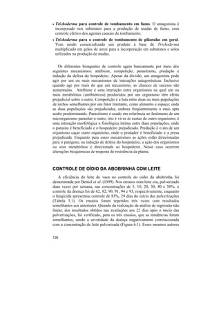 •   Trichoderma para controle de tombamento em fumo. O antagonista é
    incorporado nos substratos para a produção de mudas de fumo, com
    controle efetivo dos agentes causais do tombamento.
•   Trichoderma para o controle de tombamento de plântulas em geral.
    Vem sendo comercializado um produto à base de Trichoderma
    multiplicado em grãos de arroz para a incorporação em substratos e solos
    utilizados na produção de mudas.


    Os diferentes bioagentes de controle agem basicamente por meio dos
seguintes mecanismos: antibiose, competição, parasitismo, predação e
indução da defesa do hospedeiro. Apesar da divisão, um antagonista pode
agir por um ou mais mecanismos de interações antagonísticas. Inclusive
quando age por mais do que um mecanismo, as chances de sucesso são
aumentadas. Antibiose é uma interação entre organismos na qual um ou
mais metabólitos (antibióticos) produzidos por um organismo têm efeito
prejudicial sobre o outro. Competição é a luta entre duas ou mais populações
de nichos semelhantes por um fator limitante, como alimento e espaço; onde
as duas populações são prejudicadas, embora freqüentemente a mais apta
acabe predominando. Parasitismo é usado em referência ao fenômeno de um
microrganismo parasitar o outro, isto é viver às custas de outro organismo; é
uma interação morfológica e fisiológica íntima entre duas populações, onde
o parasita é beneficiado e o hospedeiro prejudicado. Predação é o ato de um
organismo caçar outro organismo, onde o predador é beneficiado e a presa
prejudicada. Enquanto para esses mecanismos as ações estão direcionadas
para o patógeno, na indução de defesa do hospedeiro, a ação dos organismos
ou seus metabólitos é direcionada ao hospedeiro. Nesse caso ocorrem
alterações bioquímicas de resposta de resistência da planta.



CONTROLE DE OÍDIO DA ABOBRINHA COM LEITE
    A eficiência do leite de vaca no controle do oídio da abobrinha foi
demonstrada por Bettiol et al. (1999). Nos ensaios com leite cru, pulverizado
duas vezes por semana, nas concentrações de 5, 10, 20, 30, 40 e 50%, o
controle da doença foi de 62, 82, 90, 91, 94 e 93, respectivamente, enquanto
o fungicida apresentou controle de 85%, 29 dias do início das pulverizações
(Tabela 5.1). Os ensaios foram repetidos três vezes com resultados
semelhantes aos anteriores. Quando da realização da análise de regressão não
linear, dos resultados obtidos nas avaliações aos 22 dias após o início das
pulverizações, foi verificado, para os três ensaios, que as tendências foram
semelhantes; sendo a severidade da doença negativamente correlacionada
com a concentração de leite pulverizada (Figura 6.1). Esses mesmos autores


126
 