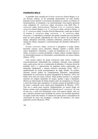 PODRIDÃO MOLE
    A podridão mole causada por Erwinia carotovora (Jones) Bergey et al.
em diversas culturas, já foi assinalada praticamente em todo mundo,
podendo ocorrer durante o crescimento das plantas no campo, na colheita, no
armazenamento, no transporte e na comercialização. Essa espécie apresenta
cinco subspécies (E. carotovora subsp. atroseptica (van Hall) Dye, E.
carotovora subsp. betavasculorum Thomson et al., E. carotovora subsp.
carotovora (Jones) Bergey et al., E. carotovora subsp. odorifera Gallois et
al., E. carotovora subsp. wasabiae Goto & Matsumoto), sendo que no Brasil
só ocorrem E. carotovora subsp. carotovora e E. carotovora subsp.
atroseptica. A importância econômica das perdas causadas por essa bactéria
pode ser muito grande, dependendo do valor da cultura, da severidade do
ataque, subespécie envolvida, condições ambientais, potencial de inóculo,
manejo da cultura, transporte e comercialização dos produtos (Jabuonski et
al., 1986).
   Erwinia carotovora subsp. carotovora é patogênica à acelga, batata,
beterraba, cenoura, couve, pimentão, rabanete, repolho e tomate, dentre
outros hospedeiros. Entretanto, a gama de hospedeiros de E. carotovora
subsp. atroseptica é restrita geralmente a batata, embora isolados idênticos
ou relacionados possam ser encontrados, ocasionalmente, em outras culturas
(Dickey, 1979).
   Uma mesma espécie do grupo Carotovora pode incitar, isolada ou
concomitantemente, dependendo das condições, sintomas como podridão
mole, canela preta, talo oco e tombamento de plântulas. O sintoma inicial de
podridão mole é o aparecimento de pequenas lesões encharcadas, que
aumentam rapidamente e causam extensiva maceração (Goto, 1992) e
apodrecimento do tecido parenquimatoso do órgão afetado. No entanto,
sintomas iniciais podem ser completamente diferentes, especialmente
dependendo do crescimento da planta (Stanghellini & Meneley, 1975). Em
batata, bem como em outras culturas, folhas podem murchar e se tornarem
amarelas em estágios adiantados do ataque, quando a água é abundante.
Observa-se deterioração da batata-semente antes da emergência ou infecção
e morte dos brotos após emergência. O sintoma comum de podridão na base
do caule é conhecido como canela preta (Stanghellini & Meneley, 1975).
Talo oco e canela preta ocorrem, freqüentemente, ao mesmo tempo em
batata e tomate como conseqüência de infecção por E. carotovora. No caso
do talo oco, o caule fica literalmente vazio, com aspecto tubular, uma vez
que a bactéria encontra mais facilidade de exercer sua atividade pectolítica
na região central não lenhosa. O sintoma da canela preta é conseqüência da
colonização da casca com produção e acúmulo de melanina e de outros
pigmentos escuros (Romeiro, 1995).

146
 
