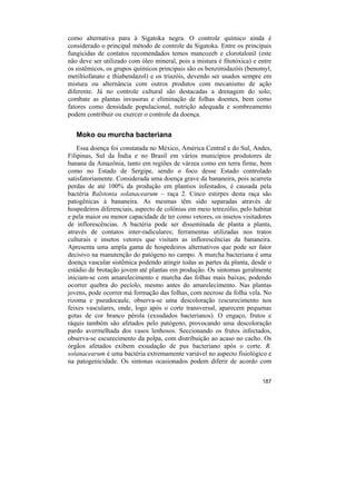 como alternativa para à Sigatoka negra. O controle químico ainda é
considerado o principal método de controle da Sigatoka. Entre os principais
fungicidas de contatos recomendados temos mancozeb e clorotalonil (este
não deve ser utilizado com óleo mineral, pois a mistura é fitotóxica) e entre
os sistêmicos, os grupos químicos principais são os benzimidazóis (benomyl,
metiltiofanato e thiabendazol) e os triazóis, devendo ser usados sempre em
mistura ou alternância com outros produtos com mecanismo de ação
diferente. Já no controle cultural são destacadas a drenagem do solo;
combate as plantas invasoras e eliminação de folhas doentes, bem como
fatores como densidade populacional, nutrição adequada e sombreamento
podem contribuir ou exercer o controle da doença.


   Moko ou murcha bacteriana
    Essa doença foi constatada no México, América Central e do Sul, Andes,
Filipinas, Sul da Índia e no Brasil em vários municípios produtores de
banana da Amazônia, tanto em regiões de várzea como em terra firme, bem
como no Estado de Sergipe, sendo o foco desse Estado controlado
satisfatoriamente. Considerada uma doença grave da bananeira, pois acarreta
perdas de até 100% da produção em plantios infestados, é causada pela
bactéria Ralstonia solanacearum – raça 2. Cinco estirpes desta raça são
patogênicas à bananeira. As mesmas têm sido separadas através de
hospedeiros diferenciais, aspecto de colônias em meio tetrezólio, pelo habitat
e pela maior ou menor capacidade de ter como vetores, os insetos visitadores
de inflorescências. A bactéria pode ser disseminada de planta a planta,
através de contatos inter-radiculares; ferramentas utilizadas nos tratos
culturais e insetos vetores que visitam as inflorescências da bananeira.
Apresenta uma ampla gama de hospedeiros alternativos que pode ser fator
decisivo na manutenção do patógeno no campo. A murcha bacteriana é uma
doença vascular sistêmica podendo atingir todas as partes da planta, desde o
estádio de brotação jovem até plantas em produção. Os sintomas geralmente
iniciam-se com amarelecimento e murcha das folhas mais baixas, podendo
ocorrer quebra do pecíolo, mesmo antes do amarelecimento. Nas plantas
jovens, pode ocorrer má formação das folhas, com necrose da folha vela. No
rizoma e pseudocaule, observa-se uma descoloração (escurecimento nos
feixes vasculares, onde, logo após o corte transversal, aparecem pequenas
gotas de cor branco pérola (exsudados bacterianos). O engaço, frutos e
ráquis também são afetados pelo patógeno, provocando uma descoloração
pardo avermelhada dos vasos lenhosos. Seccionando os frutos infectados,
observa-se escurecimento da polpa, com distribuição ao acaso no cacho. Os
órgãos afetados exibem exsudação de pus bacteriano após o corte. R.
solanacearum é uma bactéria extremamente variável no aspecto fisiológico e
na patogenicidade. Os sintonas ocasionados podem diferir de acordo com


                                                                          187
 