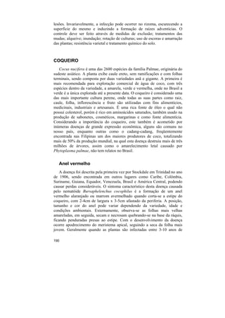 lesões. Invariavelmente, a infecção pode ocorrer no rizoma, escurecendo a
superfície do mesmo e induzindo a formação de raízes adventícias. O
controle deve ser feito através de medidas de exclusão; tratamentos das
mudas; alqueive; inundação; rotação de culturas; uso de escoras e amarração
das plantas; resistência varietal e tratamento químico do solo.



COQUEIRO
   Cocus nucifera é uma das 2600 espécies da família Palmae, originária do
sudeste asiático. A planta exibe caule ereto, sem ramificações e com folhas
terminais, sendo composta por duas variedades anã e gigante. A primeira é
mais recomendada para exploração comercial de água de coco, com três
espécies dentro da variedade, a amarela, verde e vermelha, onde no Brasil a
verde é a única explorada até a presente data. O coqueiro é considerado uma
das mais importante cultura perene, onde todas as suas partes como raiz,
caule, folha, inflorescência e fruto são utilizadas com fins alimentícios,
medicinais, industriais e artesanais. É uma rica fonte de óleo o qual não
possui colesterol, porém é rico em aminoácidos saturados, também usado na
produção de sabonetes, cosméticos, margarinas e como fonte alimentícia.
Considerando a importância do coqueiro, este também é acometido por
inúmeras doenças de grande expressão econômica, alguns são comuns no
nosso país, enquanto outras como o cadang-cadang, freqüentemente
encontrada nas Filipinas um dos maiores produtores de coco, totalizando
mais de 50% da produção mundial, na qual esta doença destruiu mais de três
milhões de árvores, assim como o amarelecimento letal causado por
Phytoplasma palmae, não tem relatos no Brasil.


   Anel vermelho
    A doença foi descrita pela primeira vez por Stockdale em Trinidad no ano
de 1906, sendo encontrada em outros lugares como Caribe, Colômbia,
Suriname, Guiana, Equador, Venezuela, Brasil e América Central, podendo
causar perdas consideráveis. O sintoma característico desta doença causada
pelo nematóide Bursaphelenchus cocophilus é a formação de um anel
vermelho alaranjado ou marrom avermelhado quando corta-se a estipe do
coqueiro, com 2-4cm de largura x 3-5cm afastado da periferia. A posição,
tamanho e cor do anel pode variar dependendo da variedade, idade e
condições ambientais. Externamente, observa-se as folhas mais velhas
amareladas, em seguida, secam e necrosam quebrando-se na base da ráquis,
ficando penduradas presas ao estipe. Com o desenvolvimento da doença
ocorre apodrecimento do meristema apical, seguindo a seca da folha mais
jovem. Geralmente quando as plantas são infectadas entre 3-10 anos de

190
 