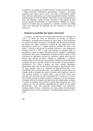 de diâmetro, circundada por um halo clorótico. Na parte inferior das folhas,
o fungo desenvolve frutificações pulverulentas, circulares e levemente
angulosas com aspecto cinza a preto. Nos frutos, primeiramente surgem
áreas circulares encharcadas, que evoluem para pústulas marrons e salientes,
podendo atingir até 5mm de diâmetro. Essa lesões causam endurecimento na
casca, não atingindo a polpa do fruto. Entretanto o mau aspecto do fruto
ocasiona grande desvalorização na comercialização. Medidas de controle
devem ser tomadas logo que apareçam os primeiros sintomas nas folhas
velhas, com aplicações de fungicidas que são utilizados no controle da
antracnose.


   Gomose ou podridão das raízes e dos frutos
    A gomose do mamoeiro foi relatada primeiramente nas Filipinas, em
1916 e no Brasil em 1946 em mamoeiros nos Estados da Bahia e
Pernambuco, ocorrendo posteriormente em quase todas as áreas produtoras
de mamão no território nacional. É considerada uma das principais doenças
da cultura, com danos econômicos variando de uma região para outra.
Phytophthora palmivora é o agente causal da podridão das raízes e dos
frutos. A doença é mais severa em períodos chuvosos e com temperaturas
variando entre 25 e 30ºC e solos mal drenados. O patógeno pode ser
introduzido a partir de mudas infectadas, água de irrigação e esporângios
disseminados pelo vento. Clamidosporos formados em frutos caídos no chão
constituem em importante estrutura de resistência, agindo como fonte de
inóculo para infecção de raízes, enquanto os esporângios e zoósporos
somente sobrevive no solo por curtos períodos. Zoósporos são atraídos pelos
exsudados das raízes, que após contato com as mesmas encistam, germinam,
infectando-as. Nos frutos a doença tem início quando esporângios
disseminados pelo vento em dias chuvosos chegam à superfície dos frutos.
Os frutos atacados caem e as estruturas do fungo passam para o solo,
contribuindo para a infecção das raízes. As medidas de controle devem ser
tomadas desde a formação das mudas, utilizando solo tratado por calor ou
com produtos químicos ou mesmo obter o solo de áreas nunca antes
cultivado com mamoeiro ou outros hospedeiros de P. palmivora. O viveiro
deve localiza-se longe de plantios antigos de mamoeiro e ter boa insolação e
ventilação, além de ser irrigado com água isenta de contaminações, evitando-
se excesso de umidade. Para controle no campo dessa doença deve-se evitar
o plantio em solo mal drenado, especialmente em regiões de alto índice
pluviométrico; evitar área cultivada sucessivamente com mamoeiros;
erradicar plantas doentes e destruí-las pelo fogo; aplicar preventivamente
fungicidas à base de cobre ou metalaxil + mancozeb para proteção do caule e
frutos.



198
 