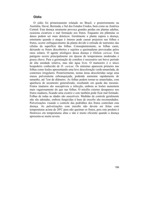 Oídio
    O oídio foi primeiramente relatado no Brasil, e posteriormente na
Austrália, Havaí, Bermuda, e Sul dos Estados Unidos, bem como na América
Central. Esta doença raramente provoca grandes perdas em plantas adultas,
ocasiona cicatrizes e mal formação nos frutos. Enquanto em plântulas os
danos podem ser mais drásticos. Geralmente a planta supera a doença,
entretanto quando o ataque é intenso pode causar prejuízos nas folhas e
frutos, ocorre enfraquecimento da planta devido à retirada de nutrientes das
células da superfície das folhas. Conseqüentemente, as folhas caem,
deixando os frutos descobertos e sujeitos a queimaduras provocadas pelos
raios solares. O agente etiológico dessa doença é Oidium caricae. Este
patógeno ocorre principalmente em épocas de temperaturas moderadas e
pouca chuva. Para a germinação de conídios é necessário um breve período
de alta umidade relativa, mas não água livre. O mamoeiro é o único
hospedeiro conhecido de O. caricae. Os sintomas aparecem primeiro nas
folhas como lesões apresentando uma leve descoloração verde-amarelada, de
contornos irregulares. Posteriormente, nestas áreas descoloridas surge uma
massa pulverulenta esbranquiçada, podendo aumentar rapidamente de
tamanho, até 7cm de diâmetro. As folhas podem tornar-se amareladas, com
aparência de secamento generalizado, resultando em queda das mesmas.
Frutos imaturos são susceptíveis a infecção, embora as lesões aumentem
mais vagarosamente do que nas folhas. O micélio externo desaparece nos
frutos maduros, ficando uma cicatriz e este também pode ficar mal formado.
Folhas de todas as idades são suscetíveis. Medidas de controle geralmente
não são adotadas, embora fungicidas à base de enxofre são recomendados.
Pulverizações visando o controle das podridões dos frutos controlam esta
doença. As pulverizações com enxofre não devem ser feitas com
temperaturas acima de 20ºC para não queimar os frutos, pois este produto é
fitotóxico em temperaturas altas e não é muito eficiente quando a doença
apresenta-se muito severa.




                                                                        199
 