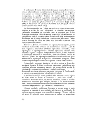 O tombamento de mudas é importante doença em sistemas hidropônicos,
estando relacionado com o estabelecimento da cultura ainda nos berçários,
pois ocorrem nos primeiros estádios de desenvolvimento da planta. Como
conseqüência, a densidade desejável de plantio pode ser afetada
negativamente, constituindo-se, portanto num sério problema para culturas
como tomate, alface, espinafre e pepino, que são suscetíveis a espécies de
Pythium, tais como: P. aphanidermatum e P. dissotocum (Lopes et al.,
2000); P. debaryanum e P. sylvaticum (Vanachter et al., 1983) e; P. ultimum
(Funck-Jensen & Hackenhull, 1983).
   Os sintomas causados por Pythium spp. podem ser observados no caule,
próximo a região do colo. Inicialmente as manchas apresentam-se
encharcadas tornando-se de coloração escura e progridem para lesões
deprimidas também de coloração escura, provocando o fendilhamento ou
constrição do caule. O enfraquecimento do caule pode levar ao tombamento
da plântula que é, então, colonizada e decomposta pelo fungo. Podem
ocorrer sintomas nas raízes que ficam com coloração escurecida e em
processo de apodrecimento.
   Espécies de Pythium possuem hifas não septadas, finas e delgadas, que se
ramificam intensamente, formando um micélio branco e esparso. Além da
parte vegetativa, apresentam estruturas reprodutivas assexuadas, como
esporângios e os esporangiósporos, e estruturas reprodutivas sexuadas, como
anterídios, oogônio e oósporos. Na reprodução assexuada, as hifas produzem
os esporângios intercalar ou apicalmente, sendo seu formato variável de
lobulado a globoso. Os esporângios formam vesículas no interior das quais
diferenciam-se esporângios biflagelados, denominados zoósporos, sendo
essa fase importante para diferenciar dos gêneros Pythium e Phytophthora.
    Sob condições ambientais favoráveis, este microrganismo se desenvolve
através da formação de hifas, esporângios, zoósporos e escleródios e, sob
condições adversas, conseguem garantir sua sobrevivência através de
estruturas de resistência, como oósporos e esclerócios. Pythium         é
disseminado através de zoósporos, que devido à presença de flagelos, pode
se locomover na água no sistema hidropônico recirculante.
    O processo de infecção ocorre quando as hifas penetram o tecido vegetal
de modo direto ou através de ferimentos. A partir desse estádio, a
colonização do tecido através de pressões mecânicas, toxinas e enzimas
pectinolíticas produzidas pelo patógeno, favorece o seu desenvolvimento
inter e intracelularmente no tecido do hospedeiro formando novas estruturas
vegetativas e reprodutivas, o que caracteriza a sua reprodução.
    Algumas condições ambientais favorecem a doença sendo a mais
importante a presença de alta umidade, pois favorece a proliferação do
patógeno, que normalmente vive em ambiente aquático. Algumas espécies
tais como, P. aphanidermatum desenvolvem-se melhor em temperaturas

228
 