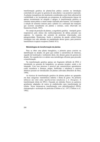 transformação genética de plantas.Esta prática consiste na introdução
controlada de um gene no genoma de uma planta e sua posterior expressão.
As plantas transgênicas são atualmente consideradas como fonte adicional de
variabilidade a ser incorporada aos programas de melhoramento.Apesar de
apenas recentemente ter atingido o apogeu A transformação genética se
constitui numa prática a muito tempo realizada pelo homem. Um exemplo é
a seleção de sementes maiores para o plantio ou a utilização das mutações
que ocorrem casualmente em plantas e animais, como observado em
bananeiras (Farah, 1997).
    No campo da proteção de plantas, a engenharia genética manipula genes
responsáveis pela síntese dos multicomponentes de defesa presente nas
espécies. As respostas são acúmulo de proteínas relacionadas com
patogenicidade, fitoalexinas, fenóis e proteínas da parede celular.Várias
estratégias tem sido adotadas na manipulação desses genes, para posterior
transferência à espécie receptora (Tabela 10.1).

   Metodologias de transformação de plantas

    Para se obter uma planta transgênica, o primeiro passo consiste na
identificação no doador, do gene que confere a carcterística de interesse,
seguido da localização e isolamento deste, dos demais genes do genoma do
doador. Em seguida deve se adotar uma metodologia eficiente para proceder
a transformação.
    Na transformação genética apenas um fragmento definido de DNA é
introduzido no genoma do hospedeiro, ou genoma receptor, sendo a ele
integrado. Com esse processo é possível que características agronômicas
como resistência a doenças, pragas, herbicidas e tolerância a estresse
abióticos possam ser introduzidos em plantas cultivadas (Brasileiro & Dusi,
1999).
    As técnicas de transformação genética de plantas podem ser agrupadas
em duas categorias: transferência indireta e direta de genes. Na primeira
utiliza-se um vetor como Agrobacterium tumefaciens e A. rhizogenes. A
transformação direta de DNA é baseada em métodos físicos ou químicos
geralmente adaptados de outros já estabelecidos para transformação de
células. Nessa destacam-se transformação com polietilenoglicol (PEG),
eletroporação e aceleração de partículas (Chilton et al., 1977; Chilton et al.,
1982).




250
 