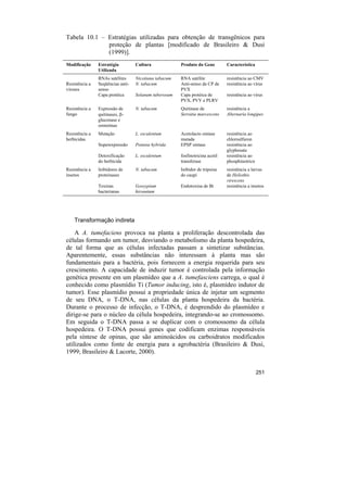 Tabela 10.1 – Estratégias utilizadas para obtenção de transgênicos para
              proteção de plantas [modificado de Brasileiro & Dusi
              (1999)].
Modificação     Estratégia         Cultura             Produto do Gene         Característica
                Utilizada
                RNAs satélites     Nicotiana tabacum   RNA satélite            resistência ao CMV
Resistência a   Seqüências anti-   N. tabacum          Anti-senso da CP de     resistência ao vírus
viroses         senso                                  PVX
                Capa protéica      Solanum tuberosum   Capa protéica de        resistência ao vírus
                                                       PVX, PVY e PLRV
Resistência a   Expressão de       N. tabacum          Quitinase de            resistência a
fungo           quitinases, β-                         Serratia marcescens     Alternaria longipes
                gluconase e
                osmotinas
Resistência a   Mutação            L. esculentum       Acetolacto sintase      resistência ao
herbicidas                                             mutada                  chlorsulfuron
                Superexpressão     Petunia hybrida     EPSP sintase            resistência ao
                                                                               glyphosate
                Detoxificação      L. esculentum       fosfinotricina acetil   resistência ao
                do herbicida                           transferase             phosphinotricn
Resistência a   Inibidores de      N. tabacum          Inibidor de tripsina    resistência a larvas
insetos         proteinases                            do caupi                de Heliothis
                                                                               virescens
                Toxinas            Gossypium           Endotoxina de Bt        resistência a insetos
                bacterianas        hirsuntum




    Transformação indireta

    A A. tumefaciens provoca na planta a proliferação descontrolada das
células formando um tumor, desviando o metabolismo da planta hospedeira,
de tal forma que as células infectadas passam a sintetizar substâncias.
Aparentemente, essas substâncias não interessam à planta mas são
fundamentais para a bactéria, pois fornecem a energia requerida para seu
crescimento. A capacidade de induzir tumor é controlada pela informação
genética presente em um plasmídeo que a A. tumefasciens carrega, o qual é
conhecido como plasmídio Ti (Tumor inducing, isto é, plasmídeo indutor de
tumor). Esse plasmídio possui a propriedade única de injetar um segmento
de seu DNA, o T-DNA, nas células da planta hospedeira da bactéria.
Durante o processo de infecção, o T-DNA, é desprendido do plasmídeo e
dirige-se para o núcleo da célula hospedeira, integrando-se ao cromossomo.
Em seguida o T-DNA passa a se duplicar com o cromossomo da célula
hospedeira. O T-DNA possui genes que codificam enzimas responsáveis
pela síntese de opinas, que são aminoácidos ou carboidratos modificados
utilizados como fonte de energia para a agrobactéria (Brasileiro & Dusi,
1999; Brasileiro & Lacorte, 2000).


                                                                                                251
 