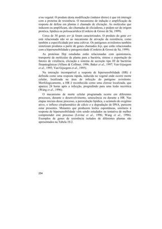 e/ou vegetal. O produto desta modificação (indutor direto) é que irá interagir
com a proteína de resistência. O mecanismo de indução e amplificação da
resposta de defesa em plantas é chamado de eliciação. As moléculas que
induzem ou amplificam, são chamadas de eliciadoras, e podem ser de origem
protéica, lipídica ou polissacarídica (Cordeiro & Grossi de Sá, 1999).
   Cerca de 30 genes avr já foram caracterizados. O produto do gene avr
está relacionado não só ao mecanismo de ativação da resistência, como
também a especificidade por uma cultivar. Os patógenos avirulentos também
sintetizam produtos a partir de genes chamados hrp, que estão relacionados
com a hipersensibilidade e patogenicidade (Cordeiro & Grossi de Sá, 1999).
    As proteínas Hrp estudadas estão         relacionadas com quimiotaxia,
transporte de moléculas da planta para a     bactéria, síntese e exportação de
fatores de virulência, eliciação e sistema   de secreção tipo III de bactérias
fitopatogênicas (Alfano & Collmer, 1996;     Baker et al., 1997; Van Gijsegem
et al., 1993; Van Gijsegem et al., 1995).
   Na interação incompatível a resposta de hipersensibilidade (HR) é
definida como uma resposta rápida, induzida no vegetal onde ocorre morte
celular, localizada na área de infecção do patógeno avirulento.
Morfologicamente, a HR é reconhecida como uma clorose localizada, que
aparece 24 horas após a infecção, progredindo para uma lesão necrótica
(Wang et al., 1996).
    O mecanismo de morte celular programada ocorre em diferentes
processos, durante o desenvolvimento, senescência ou durante a HR. Nas
etapas iniciais desse processo, a peroxidação lipídica, o acúmulo de oxigênio
ativo, o influxo citoplasmático de cálcio e a degradação de DNA, parecem
estar presentes. Mutantes que produzem lesões espontâneas, similares à
resposta de hipersensibilidade vêm sendo estudados na tentativa de melhor
compreender este processo (Levine et al., 1996; Wang et al., 1996).
Exemplos de genes de resistência isolados de diferentes plantas são
apresentados na Tabela 10.2.




254
 