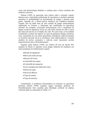 como uma biotecnologia dinâmica e contínua para a busca constante das
melhores cultivares.
   Nakano (1999), ao apresentar uma crônica sobre a proteção vegetal,
destacou que o intercâmbio globalizado de mercadorias e produtos agrícolas
aumentou as probabilidades de disseminação de pragas e doenças entre
países. Segundo ele, o Brasil precisa fortalecer sua Vigilância Sanitária
Vegetal, pois há ainda mais de uma centena de pragas potencialmente
importantes no Exterior e, felizmente não confirmadas na agricultura
nacional. Os exemplos vivenciados historicamente com o surgimento da
lagarta rosada do algodoeiro, broca do café, bicho mineiro do café e mosca
das frutas não devem ser olvidados tão cedo. Por outro lado, se for também
considerado o número de espécies ou raças de patógenos (fungos, bactérias,
vírus, nematóides etc.) de outras agriculturas estrangeiras ainda inexistentes
no território nacional, há de se reconhecer como imprescindível o controle
sanitário de portos, aeroportos e rodovias como mecanismo auxiliar
importantíssimo para o fitomelhoramento.
   Segundo ainda Nakano (1999), nos últimos 20 anos do Século XX,
surgiram no Brasil as seguintes novas pragas indutoras de mudanças nos
atuais programas de melhoramento vegetal:

      • Bicudo do algodoeiro
      • Broca das axilas da soja
      • Besouro Idi Amin
      • Cochonilha dos capins
      • Cochonilha da mangueira
      • Larva minadora das folhas dos citros
      • Mosca do sorgo
      • Percevejo Blissus
      • Traça do tomate
      • Traça da macieira


    Considerando os problemas fitossanitários já existentes na agricultura
brasileira, Borém (1999) compilou alguns resultados genéricos do
fitomelhoramento bem sucedido pela hibridação artificial de plantas,
conforme pôde ser sintetizado na Tabela 11.3.




                                                                          281
 