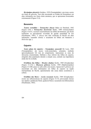 Brevipalpus phoenicis Geijskes, 1939 (Tenuipalpidae): este ácaro ocorre
em frutos de graviola. Tem sido encontrado no Estado de Pernambuco em
altas infestações nos frutos desta anonácea, que se apresentam bronzeados
externamente (Figura 13.4).


   Bananeira
    Ácaros vermelhos - Tetranychus abacae Baker & Pritchard, 1962
(Figura 6-H) e Tetranychus desertorum Banks, 1900 (Tetranychidae)
(Figura 13.6-F).: ocorrem ocasionalmente nas folhas da bananeira, que ficam
totalmente ou parcialmente revestidas de grande quantidade de teia
(Flechtmann, 1983). T. abacae tem sido verificado no Recife em altas
infestações, causando clorose e secamento de folhas em bananeira e
Heliconia spp. ).


   Cajueiro
    Ácaro plano do cajueiro - Tenuipalpus anacardii De Leon, 1965
(Tenuipalpidae): são ácaros verde-amarelados, achatados, medindo
aproximadamente 0,4 mm de comprimento. Apresentam as setas do
idiossoma ornamentadas. Habitam a face inferior das folhas de cajueiro,
atingindo altas populações durante a estação seca, contudo sua importância
ainda não foi avaliada.

   Eriofídeos das folhas - Mesalox abathus Keifer, 1969 (Eriophyidae)
(Figura 13.12A) e Rhynacus globosus Keifer, 1969 (Diptilomiopidae)
(Figura 13.12B): pouco se sabe sobre estes ácaros. Apesar de R. globosus ser
encontrado em altas infestaçãoes em folhas de cajueiro na região
metropolitana do Recife, aparentemente não causa danos econômicos a
cultura.

   Eriofídeo das flores - Aceria rossetonis Keifer, 1969 (Eriophyidae):
ocorre nas inflorescências do cajueiro (Figura 13.13), provocando clorose
nas sépalas e pedúnculo floral, queda de flores e secamento da inflorescência
(Flechtmann, 1983).




324
 