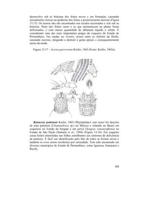 desenvolve sob as brácteas dos frutos novos e em formação, causando
inicialmente clorose na epiderme dos frutos e posteriormente necrose (Figura
13.17). Os ácaros não são encontrados nos tecidos necrosados e sim sob as
brácteas. Parte dos frutos caem e os que permanecem na planta ficam
deformados, e com menor quantidade de albúmem líquido e sólido. É
considerado uma das mais importantes pragas do coqueiro do Estado de
Pernambuco. Em mudas no viveiro, ocorre entre os folíolos da flecha,
causando necrose, chegando a destruir a gema apical, e consequentemente
morte da muda.

  Figura 13.17 – Aceria guerreronis Keifer, 1965 (Fonte: Keifer, 1965a).




   Retracrus jonhstoni Keifer, 1965 (Phytoptidae): este ácaro foi descrito
de uma palmeira (Chamaedorea sp.) no México e relatado no Brasil em
coqueiros no Estado de Sergipe e em jerivá (Syagrus romanzoffiana) no
Estado de São Paulo (Santana et al., 1994) (Figura 13.18). Em coqueiro
causa lesões amareladas nas folhas semelhantes aos sintomas de deficiência
de potássio. É fácil sua identificação pelo fato de todos as formas ativas e
também os ovos serem recobertos por cerosidade. Tem sido encontrado em
diversos municípios do Estado de Pernambuco, como Igarassu, Itamaracá e
Recife.




                                                                        329
 