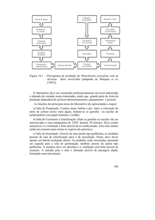 Figura 14.1 – Fluxograma de produção de Metarhizium anisopliae com as
              diversas fases envolvidas [adaptado de Marques et al.
              (1981)].


   O laboratório deve ser construído preferencialmente em local arborizado
e afastado de estradas muito transitadas, sendo que grande parte do êxito da
produção dependerá de um bom dimensionamento, equipamento e pessoal.
   As funções das principais áreas do laboratório são apresentadas a seguir:
   a) Sala de Preparação. Contém mesa, balcão e pia. Após a colocação do
meio de cultura (arroz mais água), fecham-se as garrafas ou sacolas de
polipropileno com papel alumínio e cordão;
   b) Sala de Cozimento e Esterilização. Onde as garrafas ou sacolas vão ser
autoclavadas a uma temperatura de 120ºC durante 30 minutos. Deve conter
autoclaves e a ventilação é feita através de ar condicionado. Esta sala contém
ainda um exaustor para retirar os vapores do autoclave;
   c) Sala de Inoculação. Através de uma janela tipo guilhotina, as unidades
passam da sala de esterilização para a de inoculação. Nesta, deve haver
apenas um balcão azulejado aberto. As unidades serão inoculadas, passando
em seguida para a sala de germinação, também através de janela tipo
guilhotina. A assepsia deve ser absoluta e a ventilação será feita através de
exaustor. A entrada para a sala é efetuada através de passagem dupla,
formando uma antecâmara;



                                                                          353
 