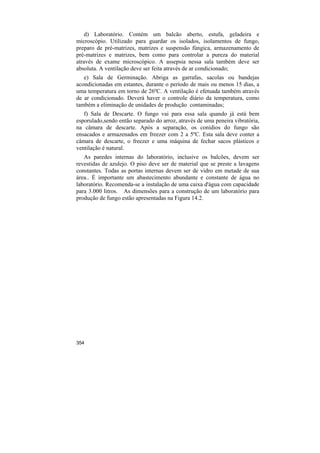 d) Laboratório. Contém um balcão aberto, estufa, geladeira e
microscópio. Utilizado para guardar os isolados, isolamentos de fungo,
preparo de pré-matrizes, matrizes e suspensão fúngica, armazenamento de
pré-matrizes e matrizes, bem como para controlar a pureza do material
através de exame microscópico. A assepsia nessa sala também deve ser
absoluta. A ventilação deve ser feita através de ar condicionado;
   e) Sala de Germinação. Abriga as garrafas, sacolas ou bandejas
acondicionadas em estantes, durante o período de mais ou menos 15 dias, a
uma temperatura em torno de 26ºC. A ventilação é efetuada também através
de ar condicionado. Deverá haver o controle diário da temperatura, como
também a eliminação de unidades de produção contaminadas;
   f) Sala de Descarte. O fungo vai para essa sala quando já está bem
esporulado,sendo então separado do arroz, através de uma peneira vibratória,
na câmara de descarte. Após a separação, os conídios do fungo são
ensacados e armazenados em freezer com 2 a 5ºC. Esta sala deve conter a
câmara de descarte, o freezer e uma máquina de fechar sacos plásticos e
ventilação é natural.
   As paredes internas do laboratório, inclusive os balcões, devem ser
revestidas de azulejo. O piso deve ser de material que se preste a lavagens
constantes. Todas as portas internas devem ser de vidro em metade de sua
área.. É importante um abastecimento abundante e constante de água no
laboratório. Recomenda-se a instalação de uma caixa d'água com capacidade
para 3.000 litros. As dimensões para a construção de um laboratório para
produção de fungo estão apresentadas na Figura 14.2.




354
 