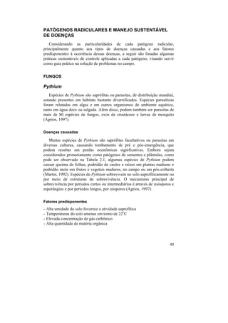 PATÓGENOS RADICULARES E MANEJO SUSTENTÁVEL
DE DOENÇAS
   Considerando as particularidades de cada patógeno radicular,
principalmente quanto aos tipos de doenças causadas e aos fatores
predisponentes à ocorrência dessas doenças, a seguir são listadas algumas
práticas sustentáveis de controle aplicadas a cada patógeno, visando servir
como guia prático na solução de problemas no campo.


FUNGOS

Pythium
   Espécies de Pythium são saprófitas ou parasitas, de distribuição mundial,
estando presentes em habitats bastante diversificados. Espécies parasíticas
foram relatadas em algas e em outros organismos de ambiente aquático,
tanto em água doce ou salgada. Além disso, podem também ser parasitas de
mais de 80 espécies de fungos, ovos de crustáceos e larvas de mosquito
(Agrios, 1997).

Doenças causadas

   Muitas espécies de Pythium são saprófitas facultativos ou parasitas em
diversas culturas, causando tombamento de pré e pós-emergência, que
podem resultar em perdas econômicas significativas. Embora sejam
considerados primariamente como patógenos de sementes e plântulas, como
pode ser observado na Tabela 2.1, algumas espécies de Pythium podem
causar queima de folhas, podridão de caules e raízes em plantas maduras e
podridão mole em frutos e vegetais maduros, no campo ou em pós-colheita
(Martin, 1992). Espécies de Pythium sobrevivem no solo saprofiticamente ou
por meio de estruturas de sobrevivência. O mecanismo principal de
sobrevivência por períodos curtos ou intermediários é através de zoósporos e
esporângios e por períodos longos, por oósporos (Agrios, 1997).

Fatores predisponentes
-   Alta umidade do solo favorece a atividade saprofítica
-   Temperaturas do solo amenas em torno de 22oC
-   Elevada concentração de gás carbônico
-   Alta quantidade de matéria orgânica



                                                                         43
 