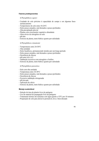 Fatores predisponentes

    • Phytophthora capsici
- Umidade do solo próximo à capacidade de campo e em algumas fases
  encharcamento
- Temperaturas do solo entre 10-24°C
- Solos pouco arejados, mal drenados e pouco profundos
- Alta precipitação pluvial
- Plantas com crescimento vegetativo abundante
- Altos níveis de nitrogênio no solo
- pH alto
- Estresse da planta, tanto hídrico quanto por salinidade

    • Phytophthora cinnamomi

-   Temperaturas entre 24-30°C
-   Alta umidade
-   Solos basálticos, permanecendo úmidos por um longo período
-   Solos pouco arejados, mal drenados e pouco profundos
-   Ocorrência de chuvas
-   pH entre 6,0 e 6,5
-   Adubação excessiva com nitrogênio e fosfóro
-   Estresse da planta, tanto hídrico quanto por salinidade

    • Phytophthora parasitica
-   Solo com alta umidade
-   Temperatura entre 24-30°C
-   Solos pouco arejados, mal drenados e pouco profundos
-   Ocorrência de chuvas
-   Excessiva adubação nitrogenada
-   pH elevado
-   Aplicação de cálcio
-   Estresse da planta, tanto hídrico quanto por salinidade

Manejo sustentável
-   Seleção de área de plantio livre do patógeno
-   Uso de material de propagação livre do patógeno
-   Tratamento térmico de sementes com água quente a 52ºC por 10 minutos
-   Preparação do solo para deixá-lo permeável, leve e bem drenado



                                                                           45
 