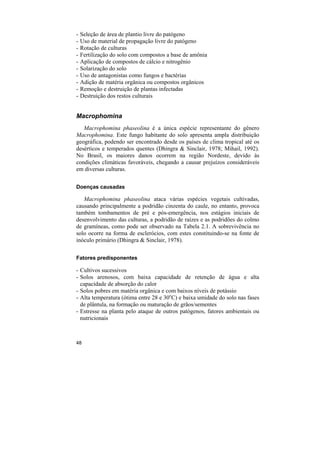-   Seleção de área de plantio livre do patógeno
-   Uso de material de propagação livre do patógeno
-   Rotação de culturas
-   Fertilização do solo com compostos a base de amônia
-   Aplicação de compostos de cálcio e nitrogênio
-   Solarização do solo
-   Uso de antagonistas como fungos e bactérias
-   Adição de matéria orgânica ou compostos orgânicos
-   Remoção e destruição de plantas infectadas
-   Destruição dos restos culturais


Macrophomina
   Macrophomina phaseolina é a única espécie representante do gênero
Macrophomina. Este fungo habitante do solo apresenta ampla distribuição
geográfica, podendo ser encontrado desde os países de clima tropical até os
desérticos e temperados quentes (Dhingra & Sinclair, 1978; Mihail, 1992).
No Brasil, os maiores danos ocorrem na região Nordeste, devido às
condições climáticas favoráveis, chegando a causar prejuízos consideráveis
em diversas culturas.

Doenças causadas

   Macrophomina phaseolina ataca várias espécies vegetais cultivadas,
causando principalmente a podridão cinzenta do caule, no entanto, provoca
também tombamentos de pré e pós-emergência, nos estágios iniciais de
desenvolvimento das culturas, a podridão de raízes e as podridões do colmo
de gramíneas, como pode ser observado na Tabela 2.1. A sobrevivência no
solo ocorre na forma de esclerócios, com estes constituindo-se na fonte de
inóculo primário (Dhingra & Sinclair, 1978).

Fatores predisponentes

- Cultivos sucessivos
- Solos arenosos, com baixa capacidade de retenção de água e alta
  capacidade de absorção do calor
- Solos pobres em matéria orgânica e com baixos níveis de potássio
- Alta temperatura (ótima entre 28 e 30oC) e baixa umidade do solo nas fases
  de plântula, na formação ou maturação de grãos/sementes
- Estresse na planta pelo ataque de outros patógenos, fatores ambientais ou
  nutricionais



48
 