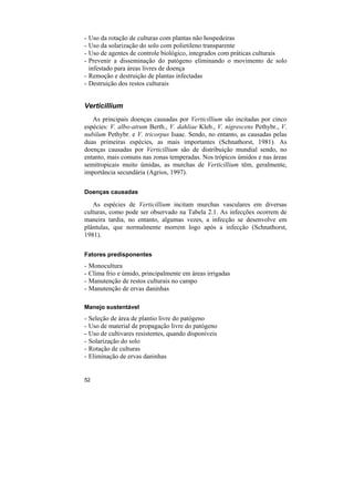 - Uso da rotação de culturas com plantas não hospedeiras
- Uso da solarização do solo com polietileno transparente
- Uso de agentes de controle biológico, integrados com práticas culturais
- Prevenir a disseminação do patógeno eliminando o movimento de solo
  infestado para áreas livres de doença
- Remoção e destruição de plantas infectadas
- Destruição dos restos culturais


Verticillium
   As principais doenças causadas por Verticillium são incitadas por cinco
espécies: V. albo-atrum Berth., V. dahliae Kleb., V. nigrescens Pethybr., V.
nubilum Pethybr. e V. tricorpus Isaac. Sendo, no entanto, as causadas pelas
duas primeiras espécies, as mais importantes (Schnathorst, 1981). As
doenças causadas por Verticillium são de distribuição mundial sendo, no
entanto, mais comuns nas zonas temperadas. Nos trópicos úmidos e nas áreas
semitropicais muito úmidas, as murchas de Verticillium têm, geralmente,
importância secundária (Agrios, 1997).

Doenças causadas

   As espécies de Verticillium incitam murchas vasculares em diversas
culturas, como pode ser observado na Tabela 2.1. As infecções ocorrem de
maneira tardia, no entanto, algumas vezes, a infecção se desenvolve em
plântulas, que normalmente morrem logo após a infecção (Schnathorst,
1981).

Fatores predisponentes
-   Monocultura
-   Clima frio e úmido, principalmente em áreas irrigadas
-   Manutenção de restos culturais no campo
-   Manutenção de ervas daninhas

Manejo sustentável
-   Seleção de área de plantio livre do patógeno
-   Uso de material de propagação livre do patógeno
-   Uso de cultivares resistentes, quando disponíveis
-   Solarização do solo
-   Rotação de culturas
-   Eliminação de ervas daninhas


52
 