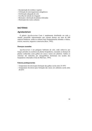 -   Incorporação de resíduos vegetais
-   Utilização de microrganismos antagônicos
-   Fertilização adequada do solo
-   Escolha do método de irrigação
-   Remoção e destruição de plantas infectadas
-   Destruição dos restos culturais



BACTÉRIAS

Agrobacterium
   O gênero Agrobacterium Conn é amplamente distribuído em todo o
mundo, possuindo representantes que causam doença em mais de 600
espécies botânicas, sendo as culturas mais freqüentemente afetadas a videira,
roseira, macieira, nogueira e ameixeira (Kerr, 1992).

Doenças causadas

   Agrobacterium é um patógeno habitante do solo, onde sobrevive por
longos períodos na ausência de plantas hospedeiras, causando as doenças de
plantas conhecidas como galhas em coroa e raízes em cabeleira. Ambos os
sintomas são induzidos por desequilíbrios hormonais nos tecidos dos
hospedeiros infectados (Clare & McClure, 1995).

Fatores predisponentes
- Temperatura favorável para formação das galhas oscila entre 25-30oC
- Temperatura favorável para formação das raízes em cabeleira oscila entre
  20-26oC




                                                                          53
 