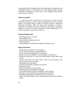 extremamente difícil, principalmente devido à ampla gama de hospedeiros, alta
variabilidade genética e sobrevivência no solo por longos períodos, além da
localização do patógeno no xilema onde se acha protegido contra medidas
convencionais de controle.

Doenças causadas

   A murcha bacteriana, causada por R. solanacearum, é uma das mais
importantes doenças no mundo, sendo particularmente limitante em climas
úmidos, com altitudes baixas e médias, em regiões tropicais e subtropicais
(Hayward & Hartman, 1994). Na maioria dos hospedeiros, a doença é
conhecida como murcha bacteriana, murchadeira, água quente e dormideira,
enquanto em cultivo de banana denomina-se moko (Reifschneider et al.,
1983), como pode ser observado na Tabela 2.1.

Fatores predisponentes
-   Alta temperatura do ar e do solo
-   Alta umidade do solo
-   Luminosidade e comprimento do dia
-   Estresse da planta
-   Altas populações de nematóides das galhas (Meloidogyne spp.)

Manejo sustentável
-   Seleção de área de plantio livre do patógeno
-   Uso de cultivares resistentes, quando disponíveis
-   Uso de material de propagação livre do patógeno
-   Plantio em solos bem drenados, livres do patógeno ou supresssivos
-   Rotação de culturas por 2 a 5 anos com cana-de-açúcar, cereais, milho, sorgo
    ou soja
-   Cultivos consorciados com caupi, feijão e milho, no caso da batata e com
    cana-de-açúcar, no caso do tomate
-   Manipulação da data de plantio
-   Controle de nematóides e resistência aos mesmos
-   Solarização do solo
-   Manejo da umidade e do fluxo de água
-   Não utilizar água contaminada para irrigação
-   Evitar injúrias durante o plantio, transplantio e tratos culturais
-   Restringir o uso de equipamentos oriundos de áreas infestadas
-   Desinfestar equipamentos com NaClO (12,5% de cloro ativo)
-   Alterar horas de drenagem de áreas infestadas para longe de áreas isentas da
    doença


56
 