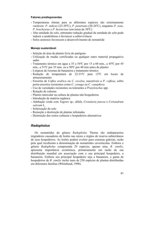 Fatores predisponentes
- Temperaturas ótimas para as diferentes espécies são extremamente
  variáveis: P. indicus (23-30oC), P. penetrans (20-24oC), enquanto P. zeae,
  P. brachyurus e P. hexincisus (em torno de 30oC)
- Alta umidade do solo, entretanto redução gradual da umidade do solo pode
  induzir a anidrobiose e favorecer a sobrevivência
- Solos arenosos favorecem o desenvolvimento do nematóide

Manejo sustentável
- Seleção de área de plantio livre do patógeno
- Utilização de mudas certificadas ou qualquer outro material propagativo
  sadio
- Tratamento térmico em água a 35 a 54ºC por 15 a 60 min., a 45ºC por 45
  min., a 51ºC por 35 min. ou a 50ºC por 40 min antes do plantio
- Limpeza de rizomas de bananeira e tratamento térmico
- Redução de temperatura de 22-31ºC para 12ºC em locais de
  armazenamento
- Enxertia de Coffea arabica ou C. excelsa, suscetíveis a P. coffeae, sobre
  porta-enxertos resistentes como C. conuga ou C. canephora
- Uso de variedades resistentes ou tolerantes a Pratylenchus spp.
- Rotação de culturas
- Plantio intercalar na cultura de plantas não hospedeiras
- Introdução de matéria orgânica
- Adubação verde com Tagetes sp., alfafa, Crotalaria juncea e Coriandrum
  sativum L.
- Solarização do solo
- Remoção e destruição de plantas infestadas
- Destruição dos restos culturais e hospedeiros alternativos


Radopholus

   Os nematóides do gênero Radopholus Thorne são endoparasitos
migradores causadores de lesões nas raízes e órgãos de reserva subterrâneos
de seus hospedeiros. As lesões podem evoluir para extensas galerias, razão
pela qual receberam a denominação de nematóides cavernícolas. Embora o
gênero Radopholus compreenda 29 espécies, apenas uma, R. similis,
apresenta importância econômica, primariamente em razão de sua
distribuição mundial em associação com o seu principal hospedeiro, a
bananeira. Embora seu principal hospedeiro seja a bananeira, a gama de
hospedeiros de R. similis inclui mais de 250 espécies de plantas distribuídas
em diferentes famílias (Whitehead, 1998).


                                                                          61
 