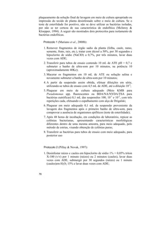 plaqueamento da solução final de lavagem em meio de cultura apropriado ou
impressão do tecido de planta desinfestado sobre o meio de cultura. Se o
teste de esterilidade for positivo, não se deve utilizar as bactérias isoladas,
por não se ter certeza de sua característica de endofítica (McInroy &
Kloepper, 1994). A seguir são mostrados dois protocolos para isolamento de
bactérias endofíticas.

     Protocolo 1 (Mariano et al., 2000b):

     1. Remover fragmentos de órgão sadio da planta (folha, caule, ramo,
        semente, fruto, raiz, etc.), tratar com álcool a 50%, por 30 segundos e
        hipoclorito de sódio (NaClO) a 0,7%, por três minutos, lavar duas
        vezes com ADE;
     2. Transferir para tubos de ensaio contendo 10 mL de ATE pH = 0,7 e
        submeter a banho de ultra-som por 10 minutos, na potência 10
        (aproximadamente 40Kz);
     3. Macerar os fragmentos em 10 mL de ATE ou solução salina e
        novamente submeter a banho de ultra-som por 10 minutos;
     4. A partir da suspensão assim obtida, efetuar diluições em série,
        utilizando-se tubos de ensaio com 4,5 mL de ADE, até a diluição 10-2;
     5. Plaquear em meio de cultura adequado (Meio KMB para
        Pseudomonas spp. fluorescentes ou BDA/NA/NYDA/TSA para
        bactérias eutróficas) 0,1 mL das suspensões 100, 10-1 e 10-2, com três
        repetições cada, efetuando o espalhamento com alça de Drigalski;
     6. Plaquear em meio adequado 0,1 mL da suspensão proveniente da
        lavagem dos fragmentos após o primeiro banho de ultra-som, para
        comprovar a ausência de organismos epifíticos (teste de esterilidade);
     7. Após 48 horas de incubação, em condições de laboratório, repicar as
        colônias bacterianas, apresentando características morfológicas
        diferentes dentro de uma mesma amostra, para meio adequado, pelo
        método de estrias, visando obtenção de colônias puras;
     8. Transferir as bactérias para tubos de ensaio com meio adequado, para
        posterior uso


     Protocolo 2 (Pillay & Novak, 1997):

     1. Desinfestar raízes e caules em hipoclorito de sódio 1% + 0,05% triton
        X-100 (v/v) por 1 minuto (raízes) ou 2 minutos (caules), lavar duas
        vezes com ADE, submergir por 30 segundos (raízes) ou 1 minuto
        (caules)em H2O2 15% e lavar duas vezes com ADE;


76
 