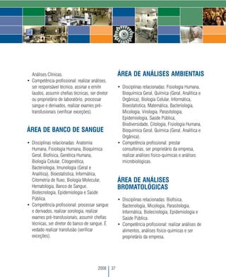 Análises Clínicas.                                   ÁREA DE ANÁLISES AMBIENTAIS
• Competência profissional: realizar análises,
  ser responsável técnico, assinar e emitir            • Disciplinas relacionadas: Fisiologia Humana,
  laudos, assumir chefias técnicas, ser diretor          Bioquímica Geral, Química (Geral, Analítica e
  ou proprietário de laboratório, processar              Orgânica), Biologia Celular, Informática,
  sangue e derivados, realizar exames pré-               Bioestatística, Matemática, Bacteriologia,
  transfusionais (verificar exceções).                   Micologia, Virologia, Parasitologia,
                                                         Epidemiologia, Saúde Pública,
                                                         Biodiversidade, Citologia, Fisiologia Humana,
ÁREA DE BANCO DE SANGUE                                  Bioquímica Geral, Química (Geral, Analítica e
                                                         Orgânica).
• Disciplinas relacionadas: Anatomia                   • Competência profissional: prestar
  Humana, Fisiologia Humana, Bioquímica                  consultorias, ser proprietário da empresa,
  Geral, Biofísica, Genética Humana,                     realizar análises físico-químicas e análises
  Biologia Celular, Citogenética,                        microbiológicas.
  Bacteriologia, Imunologia (Geral e
  Analítica), Bioestatística, Informática,
  Citometria de fluxo, Biologia Molecular,             ÁREA DE ANÁLISES
  Hematologia, Banco de Sangue,                        BROMATOLÓGICAS
  Biotecnologia, Epidemiologia e Saúde
  Pública.                                             • Disciplinas relacionadas: Biofísica,
• Competência profissional: processar sangue             Bacteriologia, Micologia, Parasitologia,
  e derivados, realizar sorologia, realizar              Informática, Biotecnologia, Epidemiologia e
  exames pré-transfusionais, assumir chefias             Saúde Pública.
  técnicas, ser diretor do banco de sangue. É          • Competência profissional: realizar análises de
  vedado realizar transfusão (verificar                  alimentos, análises físico-químicas e ser
  exceções).                                             proprietário da empresa.




                                         2008     37
 